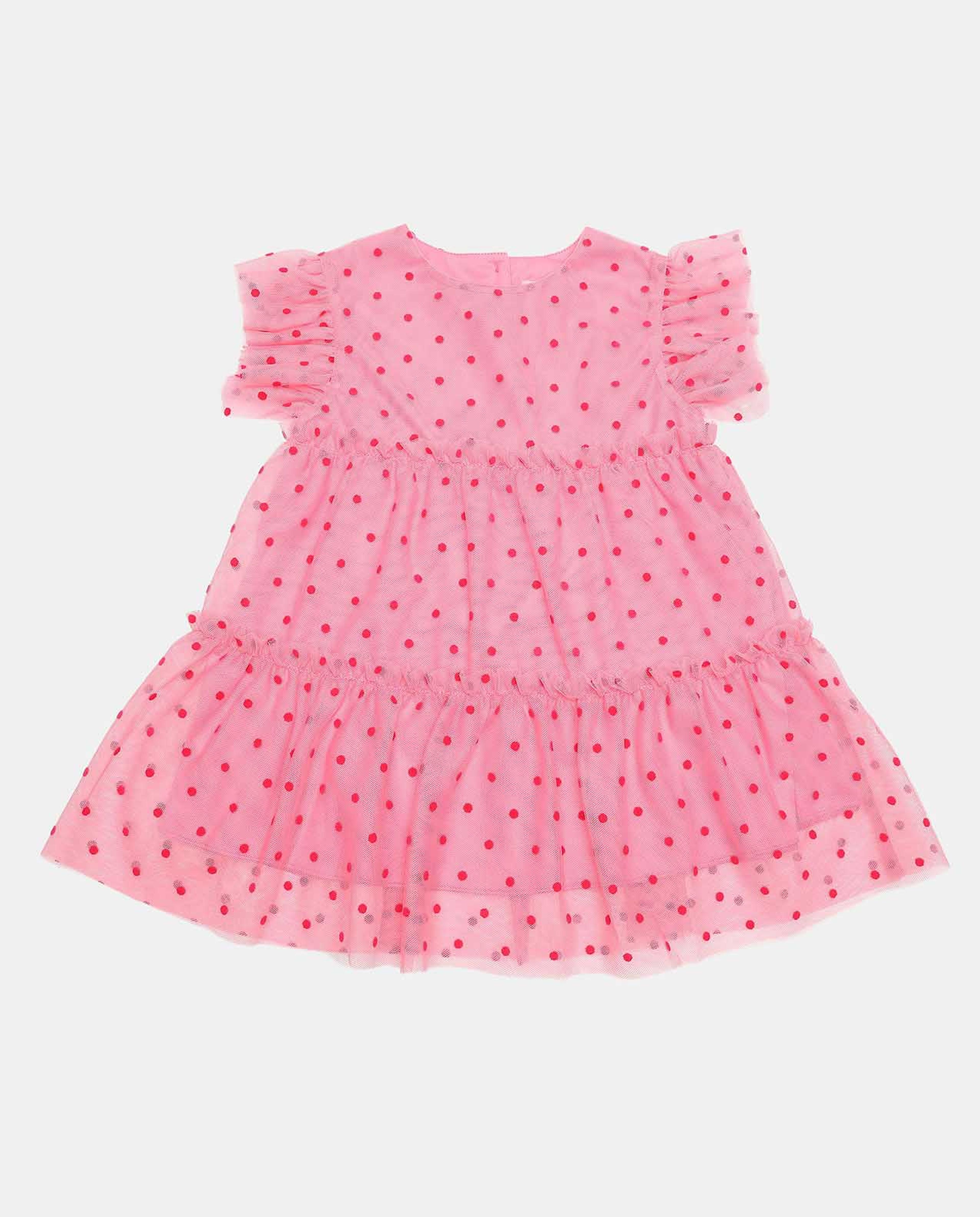 Polka Dots Tulle Tiered Dress with Crew Neck and Frilled Sleeves