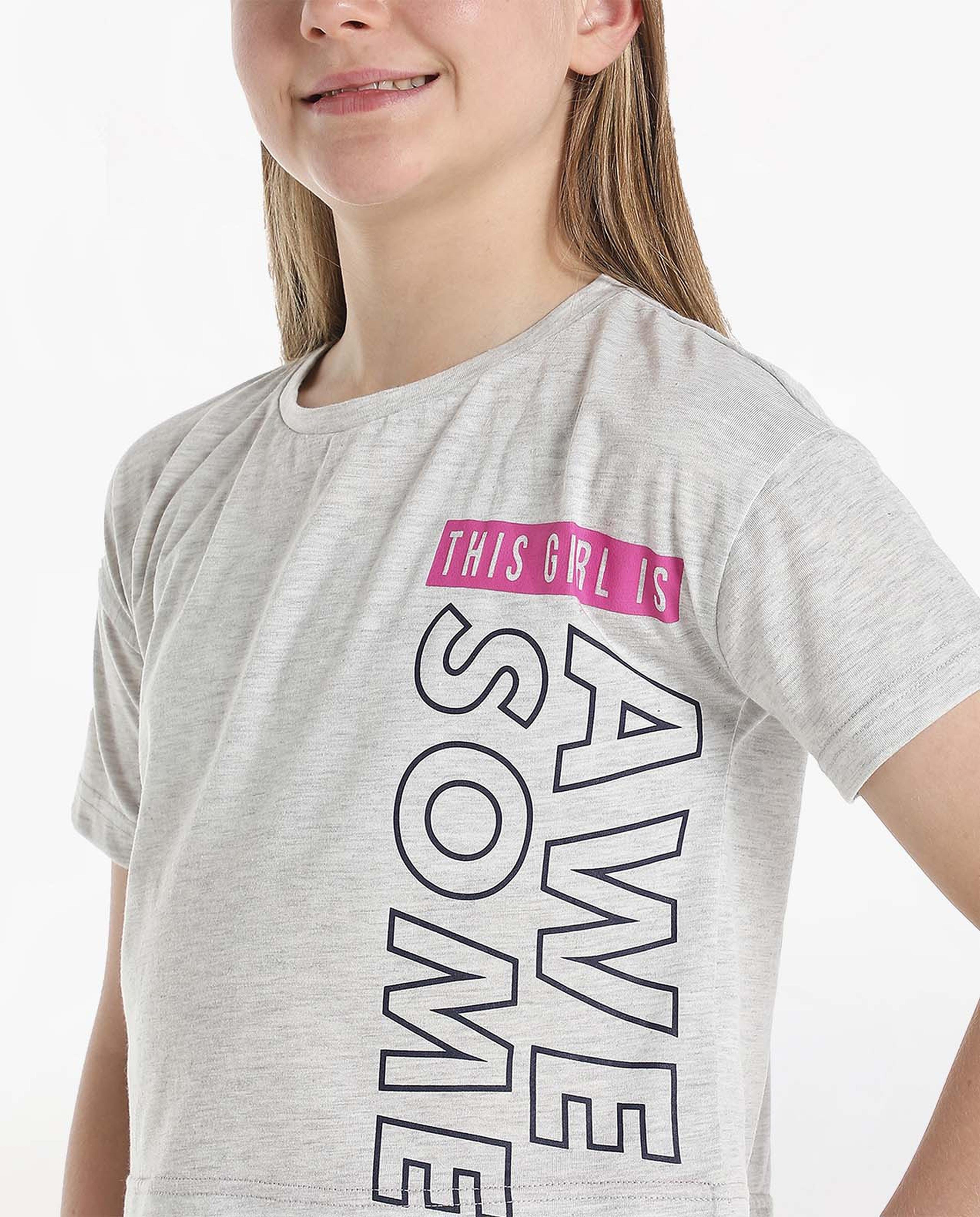 Typography Printed Tshirt with Round Neck and Short Sleeves
