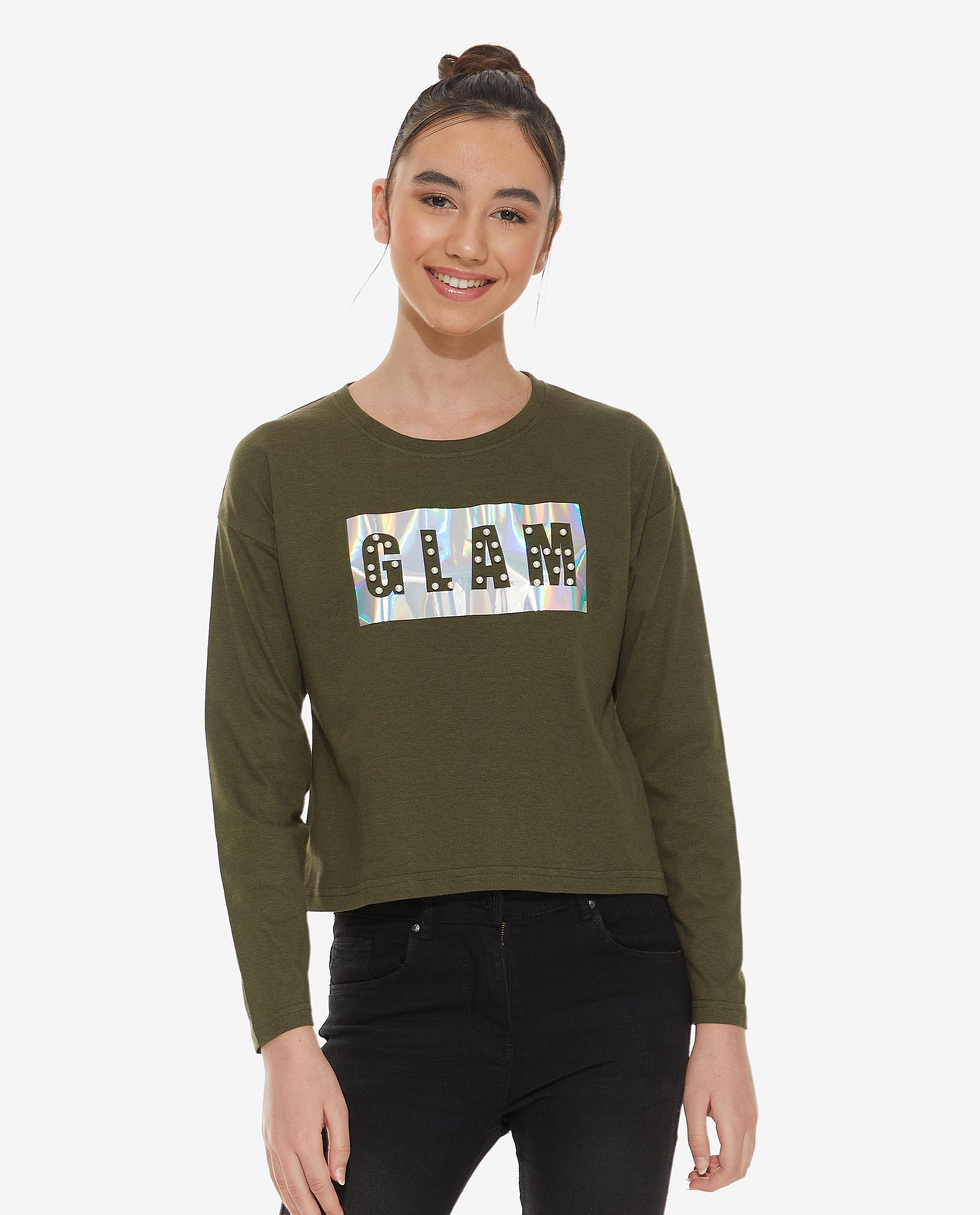 Typography Printed T-Shirt with Crew Neck and Long Sleeves