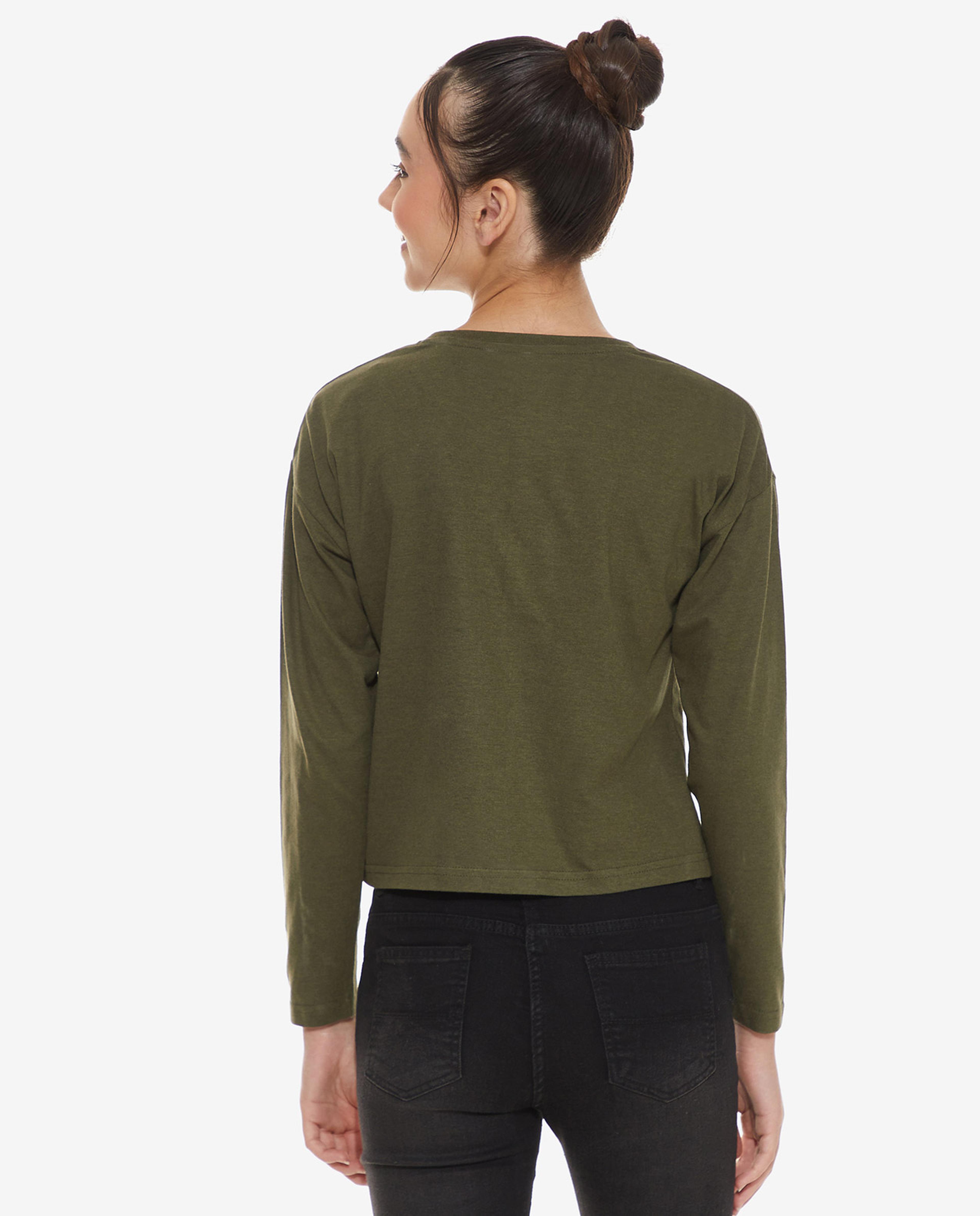 Typography Printed T-Shirt with Crew Neck and Long Sleeves