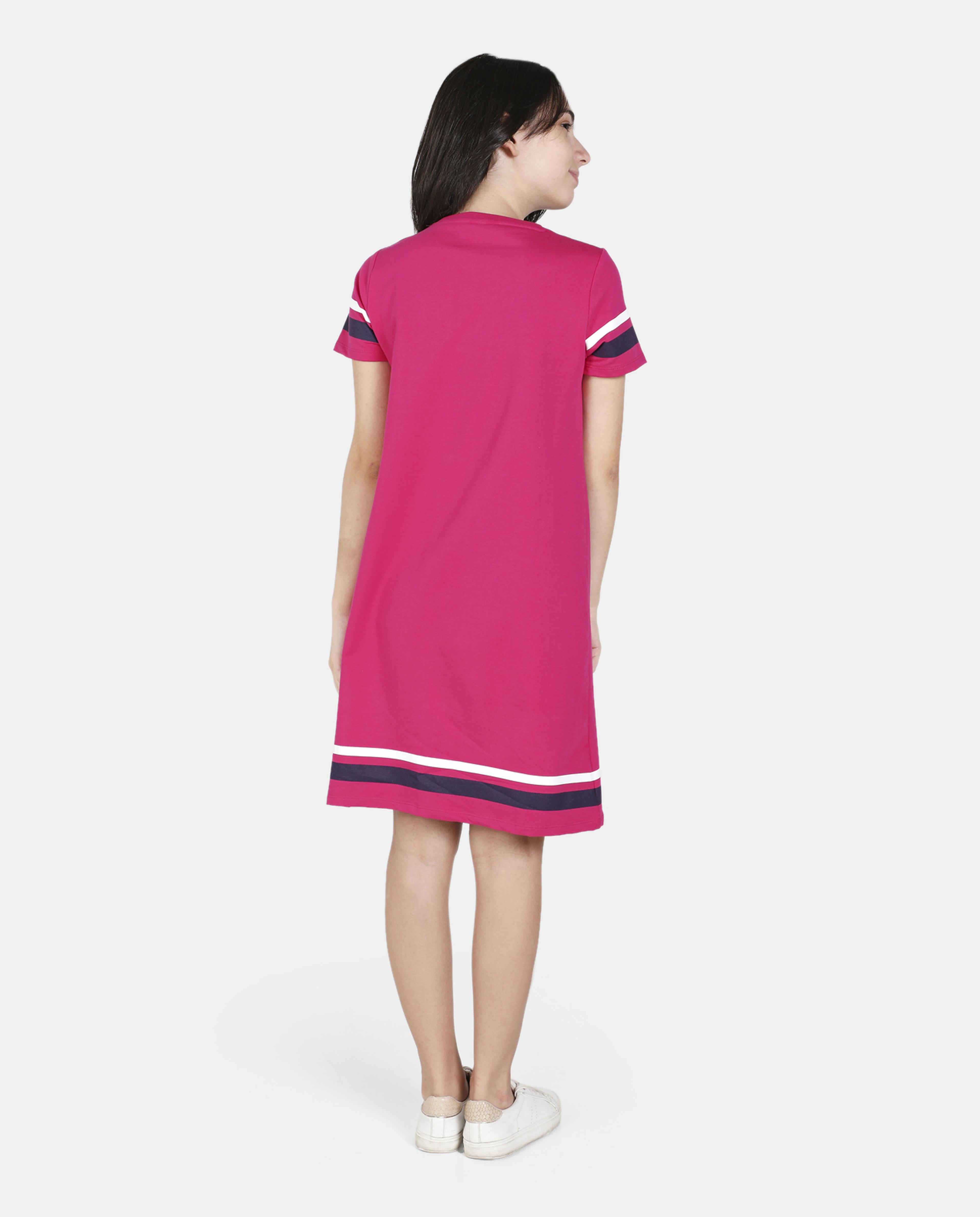 Printed T-Shirt Dress with Crew Neck and Short Sleeves