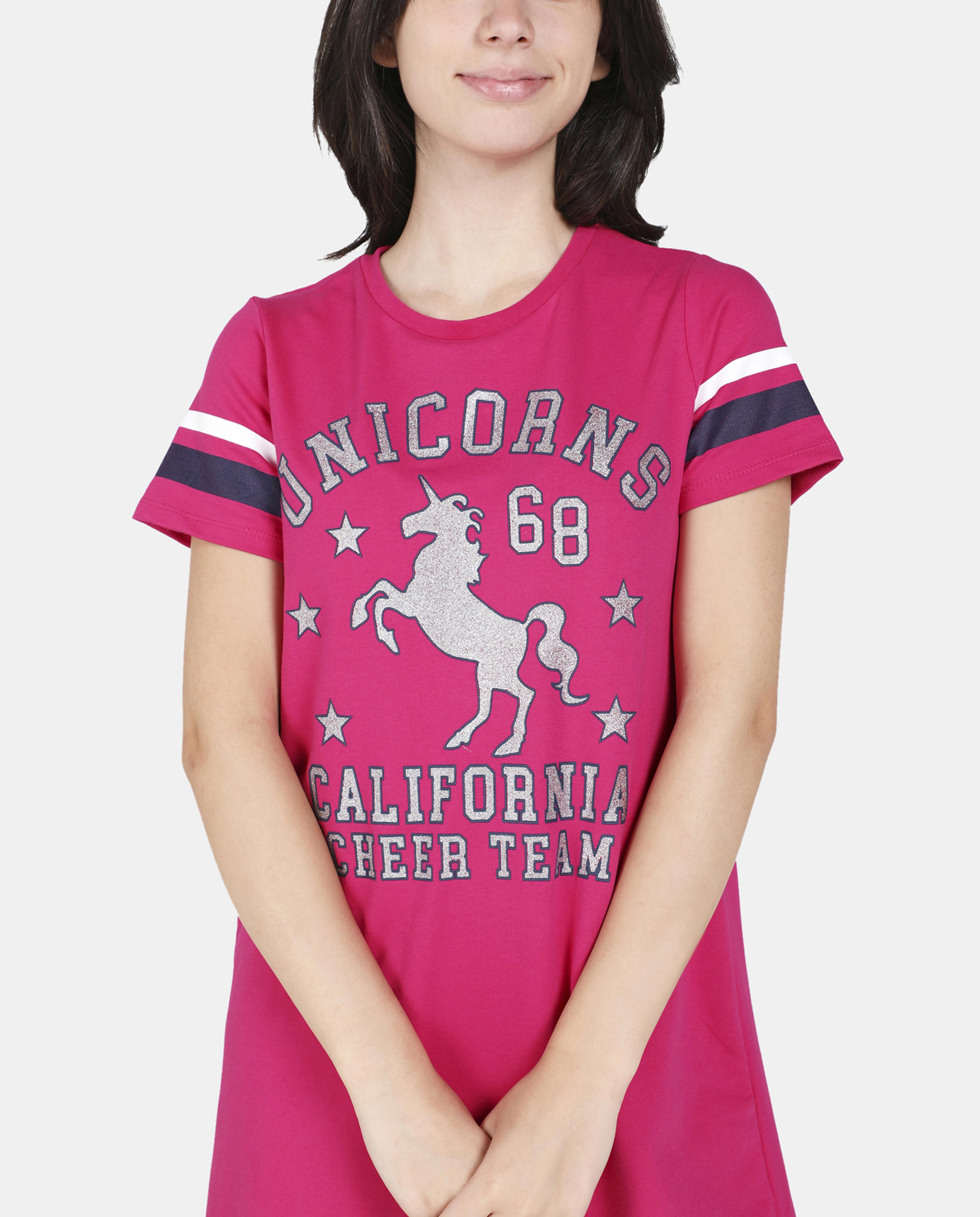 Printed T-Shirt Dress with Crew Neck and Short Sleeves