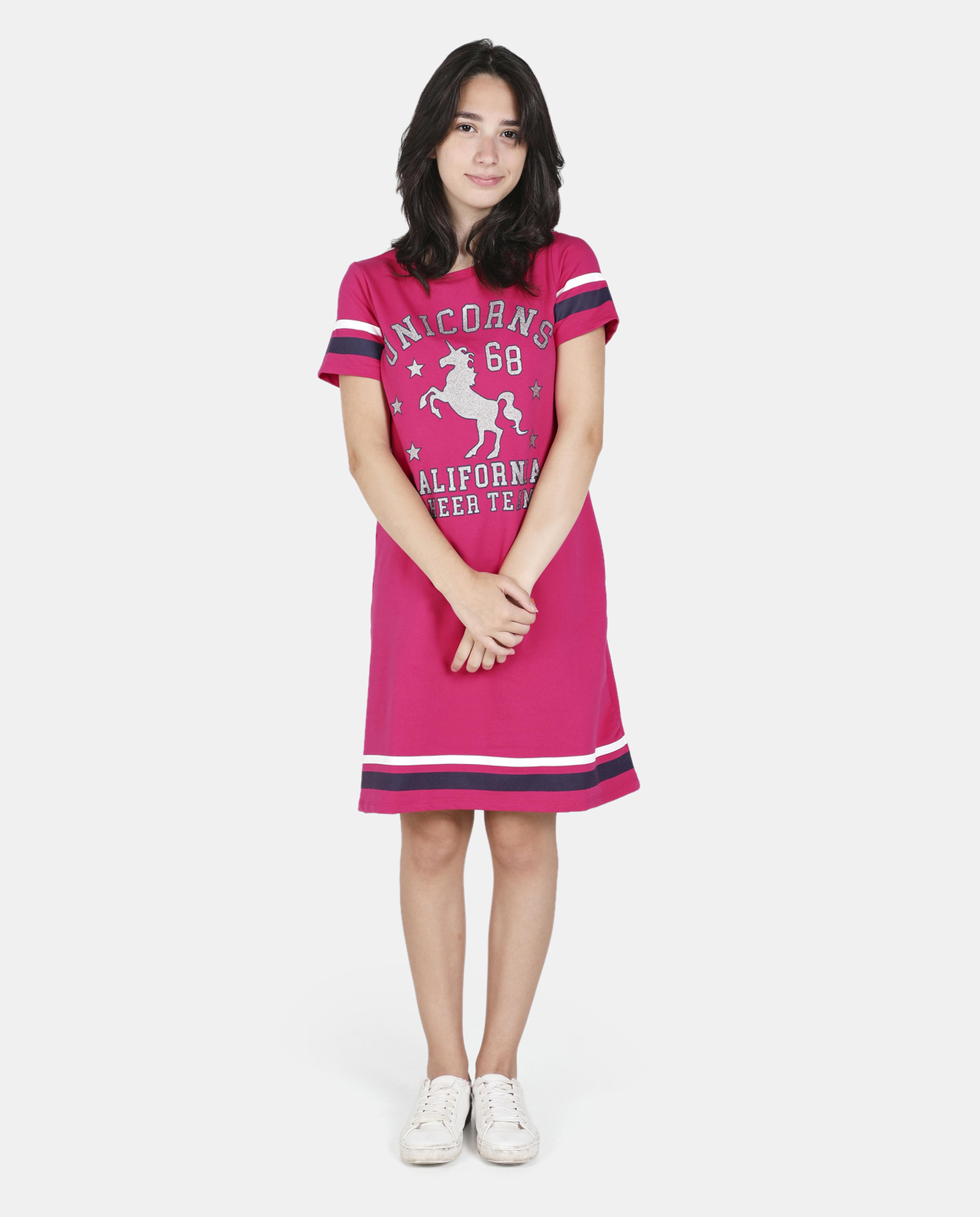 Printed T-Shirt Dress with Crew Neck and Short Sleeves