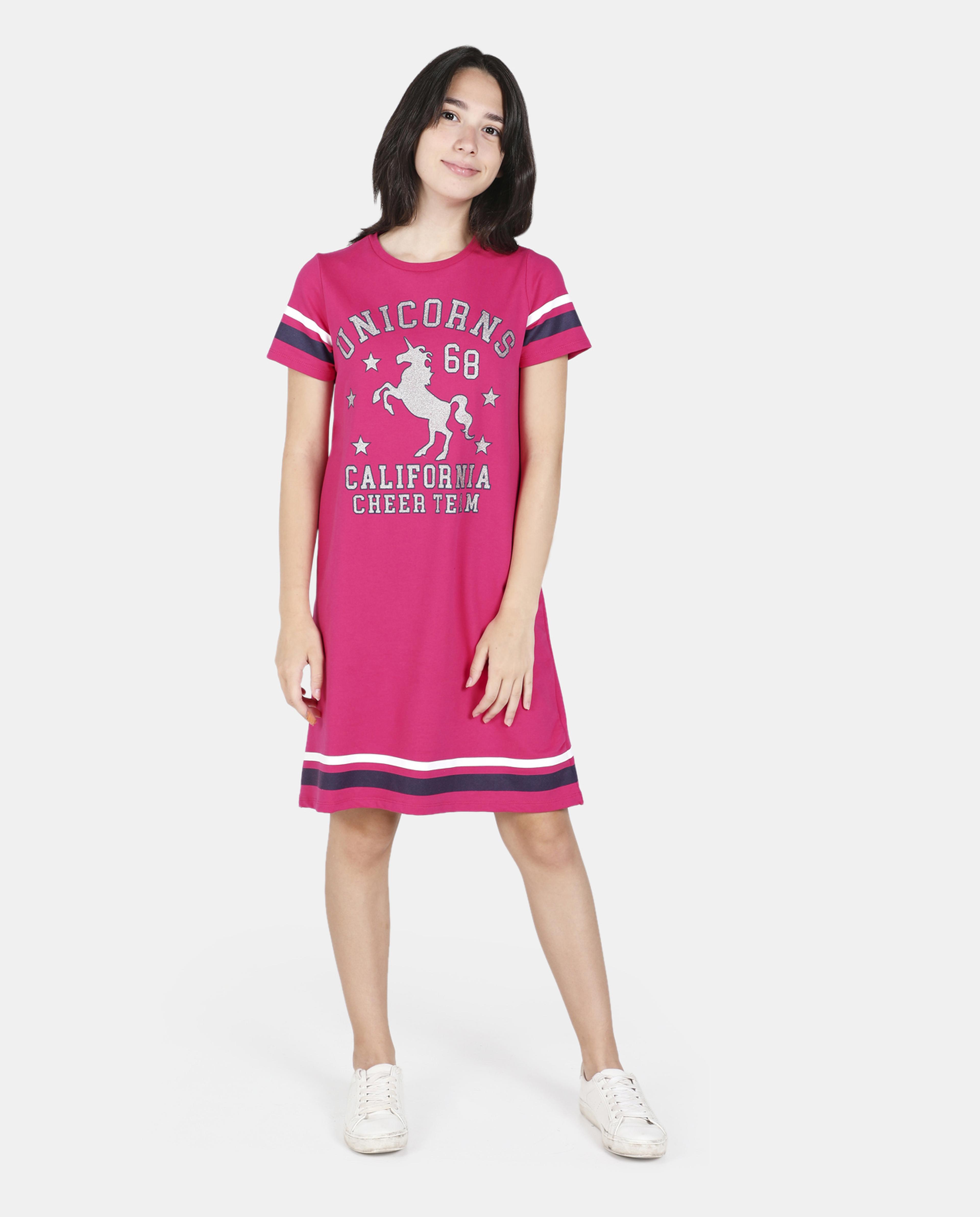 Printed T-Shirt Dress with Crew Neck and Short Sleeves