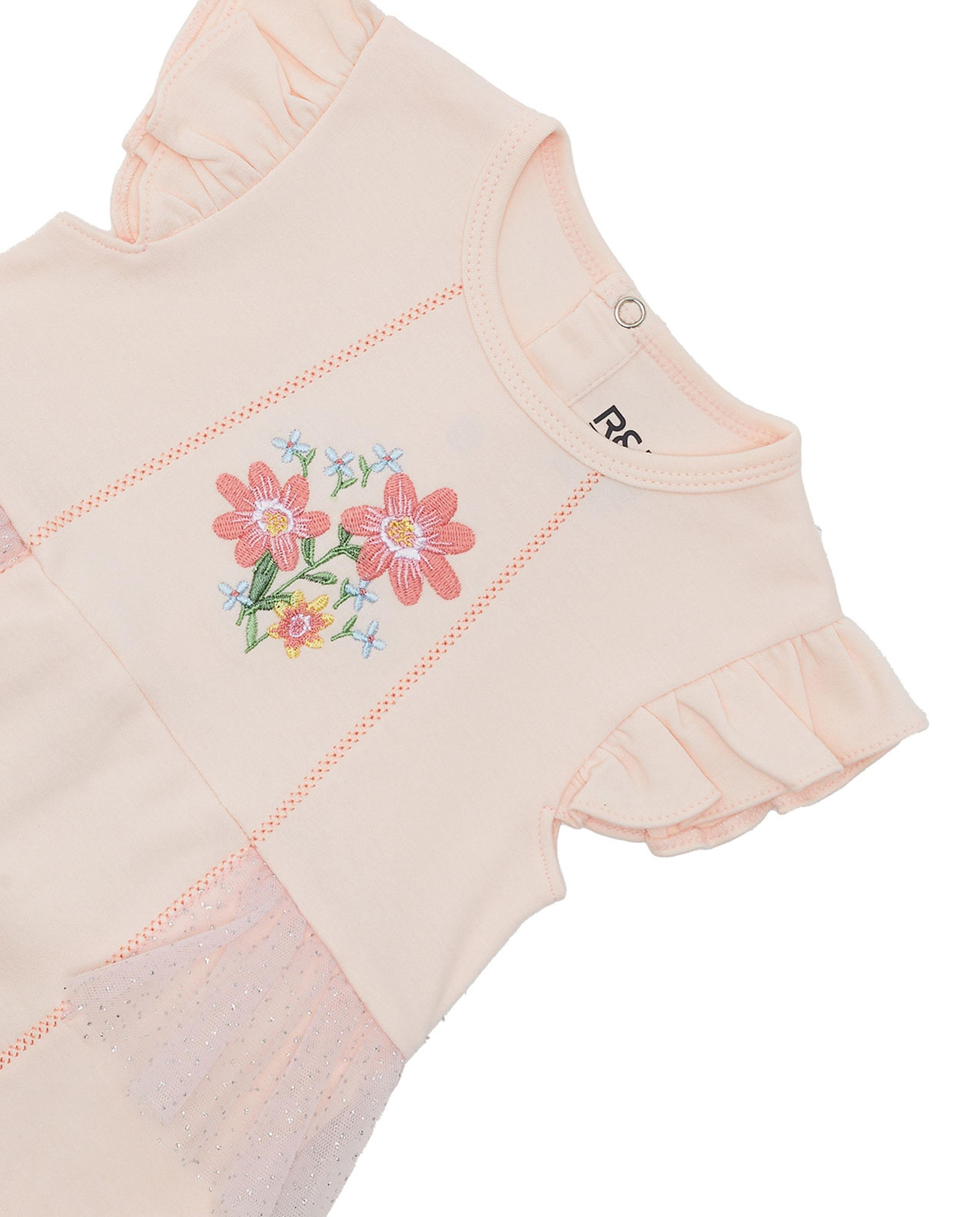 Embroidery Detail Rompers with Crew Neck and Flutter Sleeves