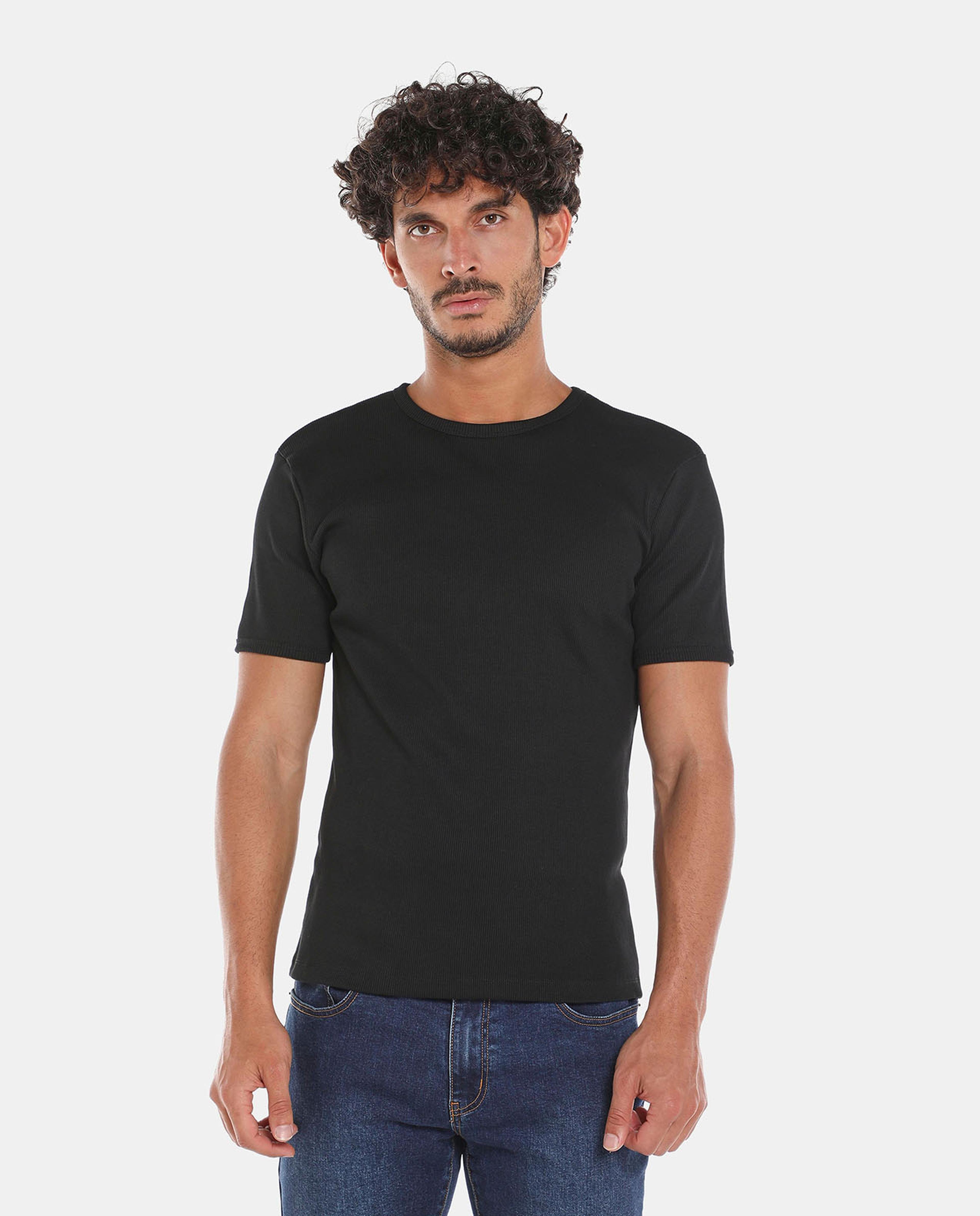 R&B Black Solid Regular Fit T-Shirt