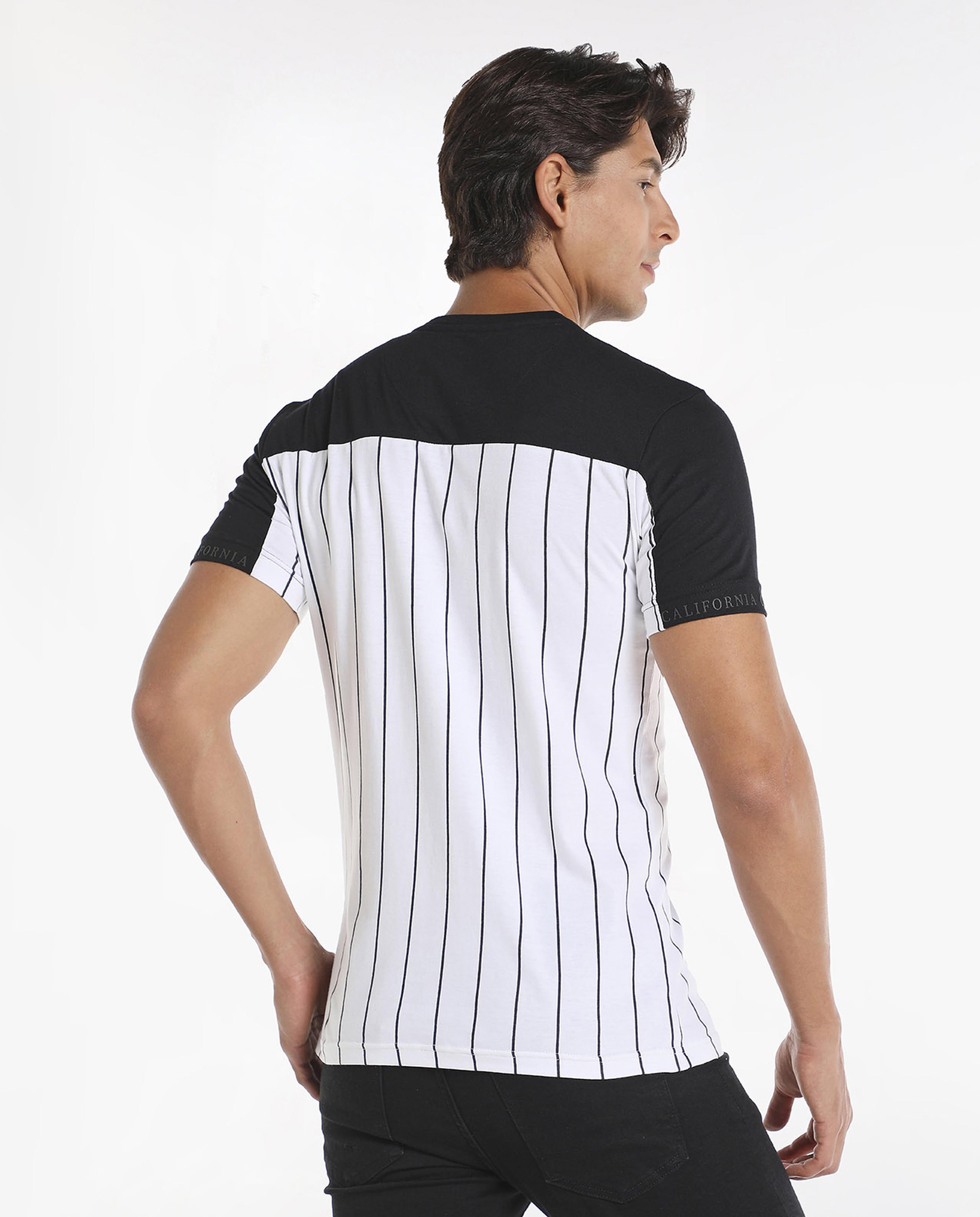 Color Block Striped T-Shirt with Crew Neck and Short Sleeves