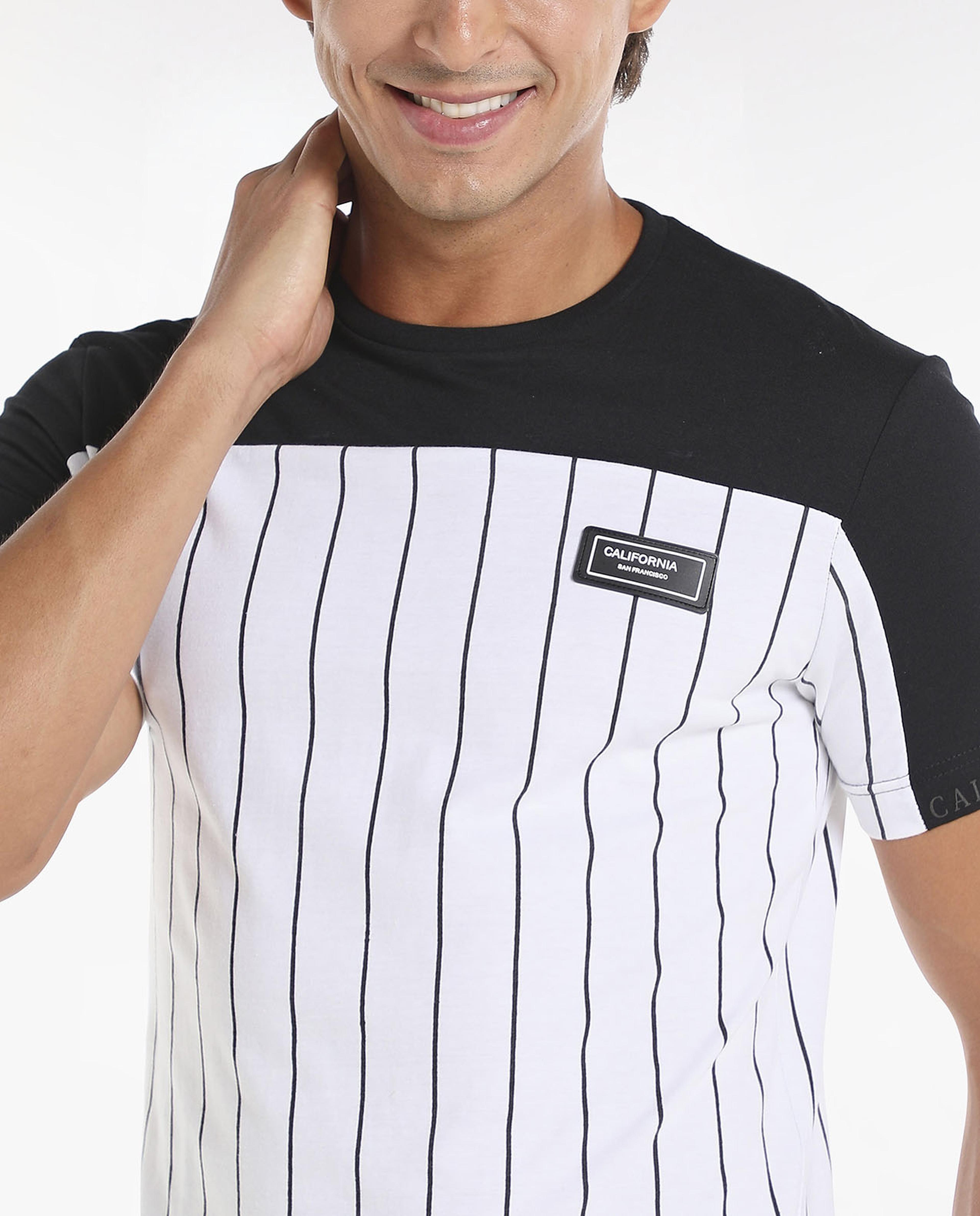 Color Block Striped T-Shirt with Crew Neck and Short Sleeves