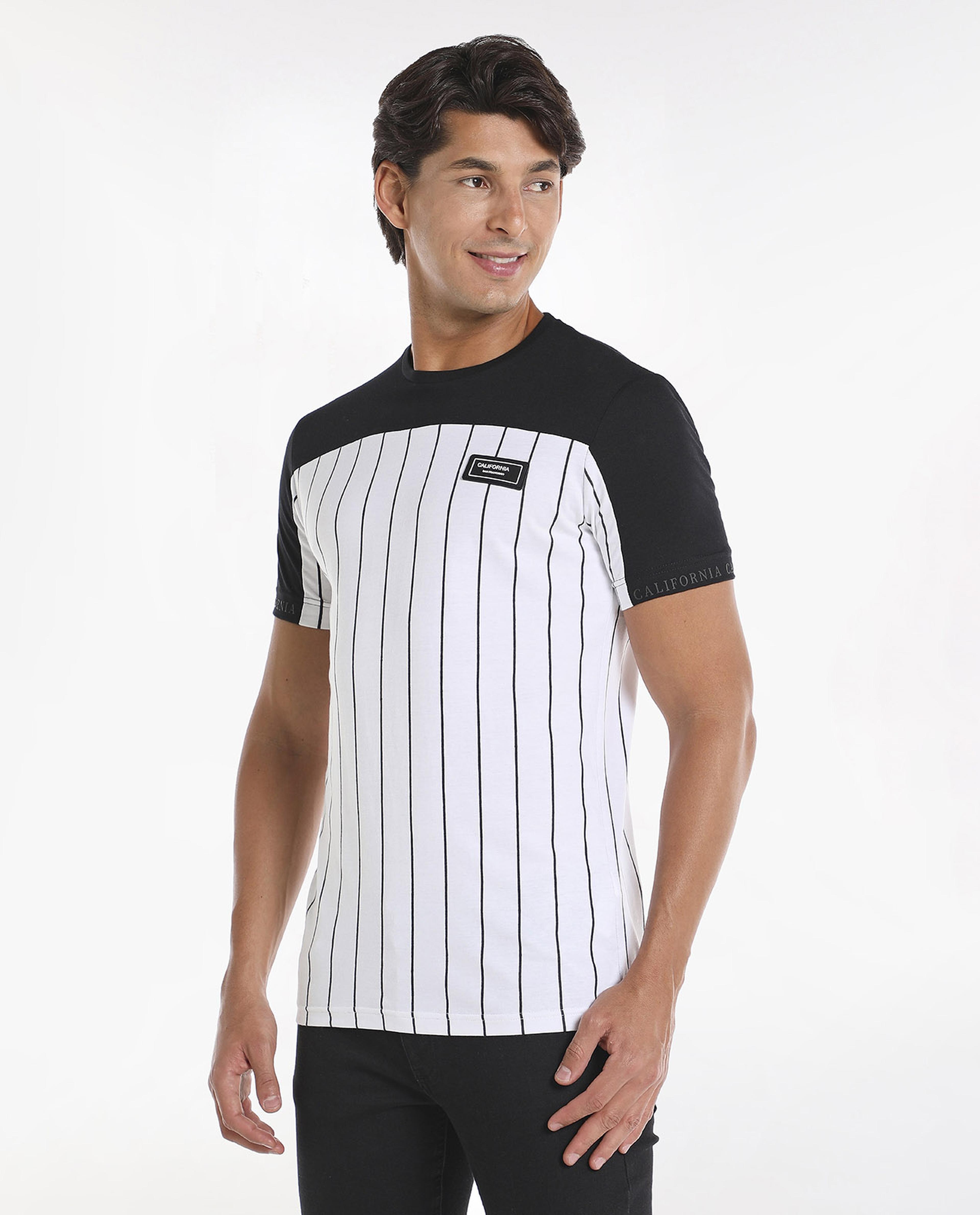 Color Block Striped T-Shirt with Crew Neck and Short Sleeves