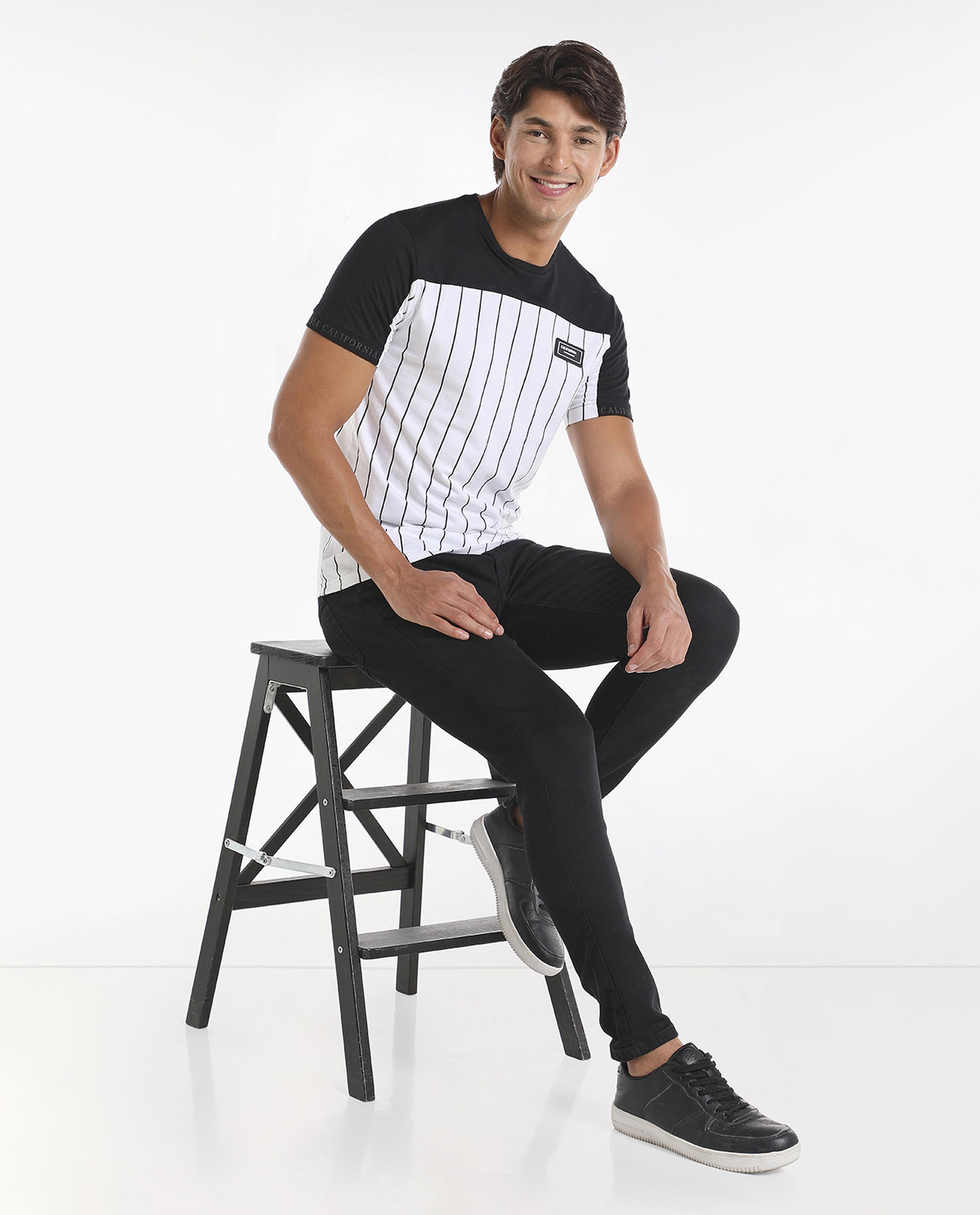 Color Block Striped T-Shirt with Crew Neck and Short Sleeves