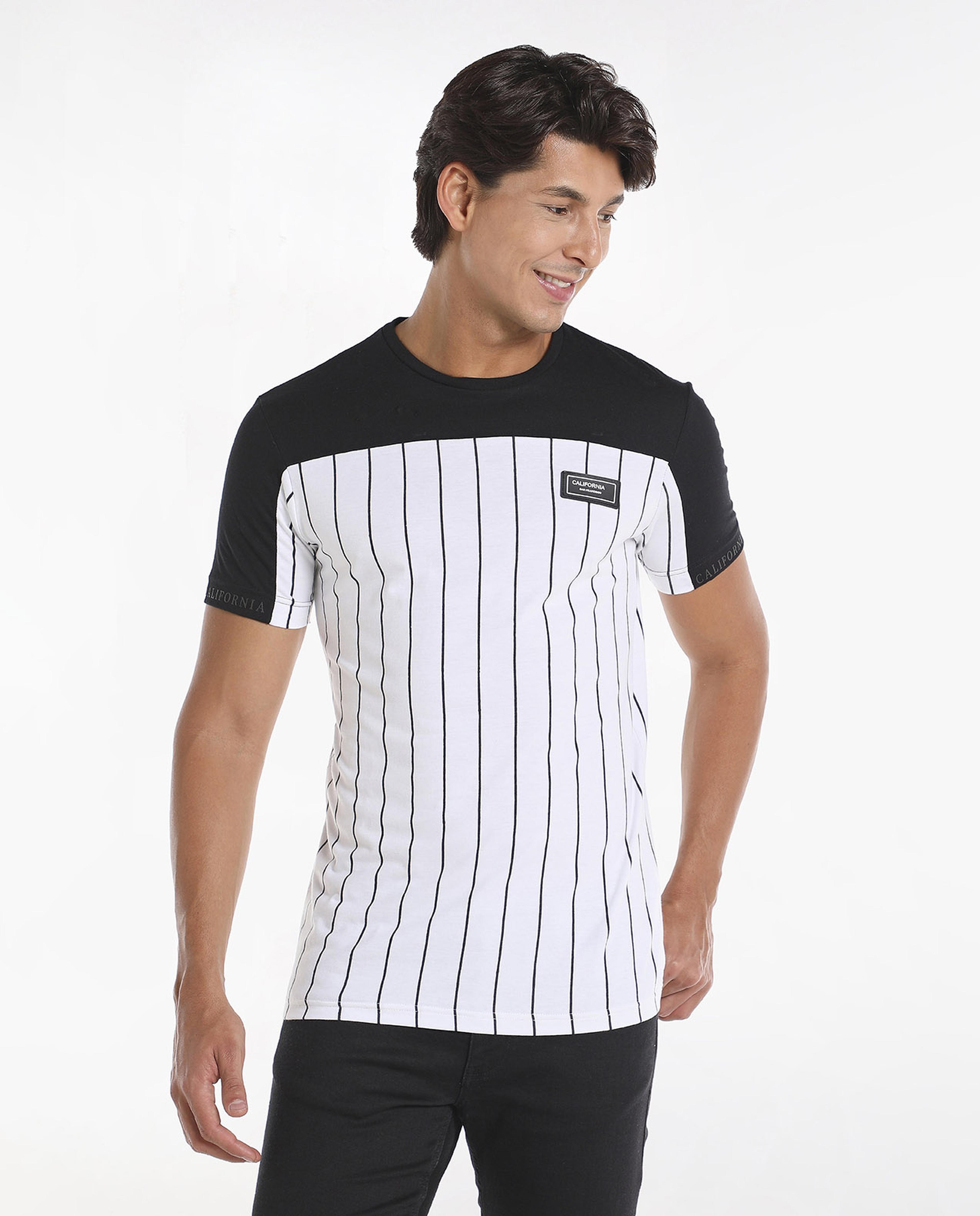 Color Block Striped T-Shirt with Crew Neck and Short Sleeves