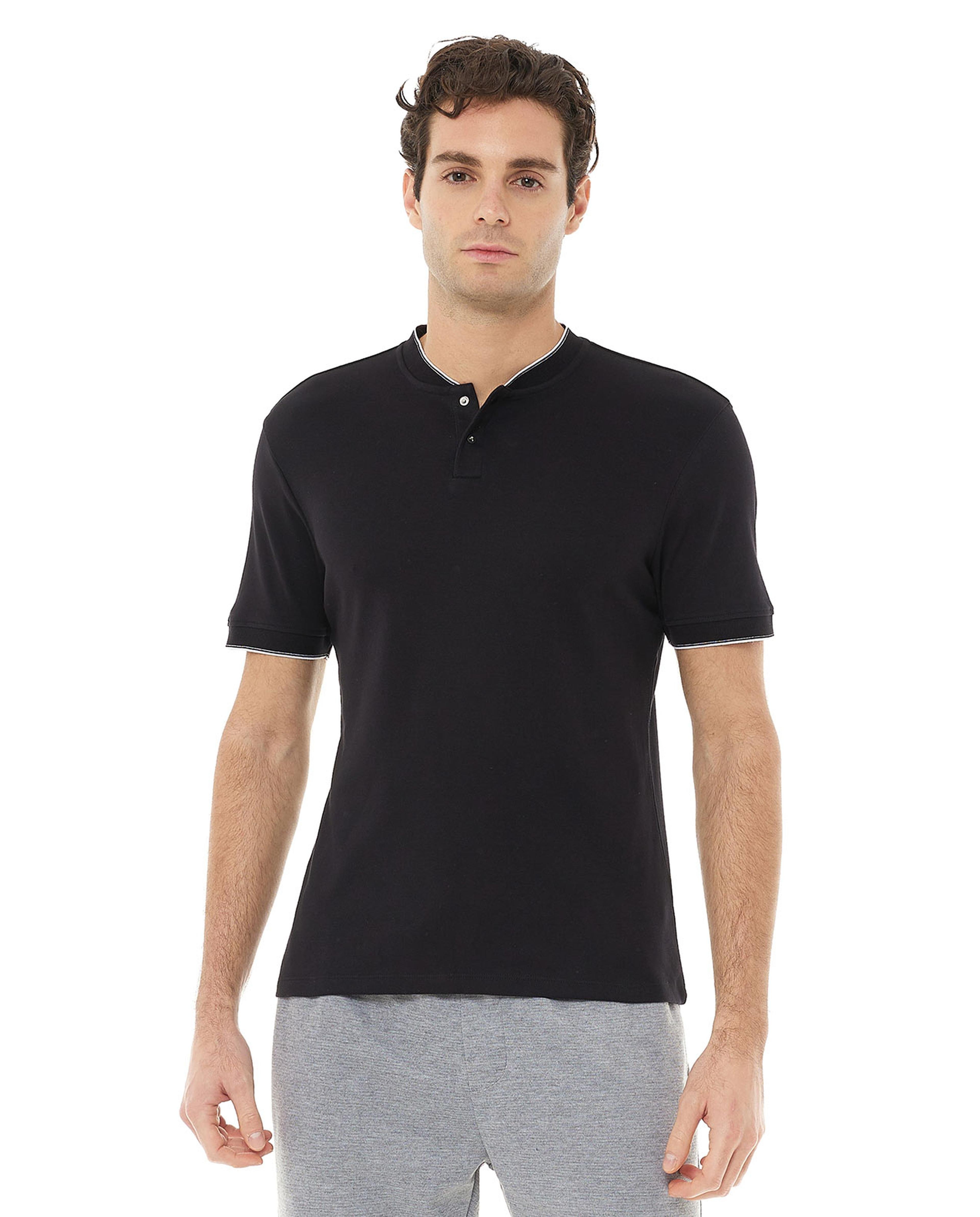 Solid T-Shirt with Stand Collar and Short Sleeves