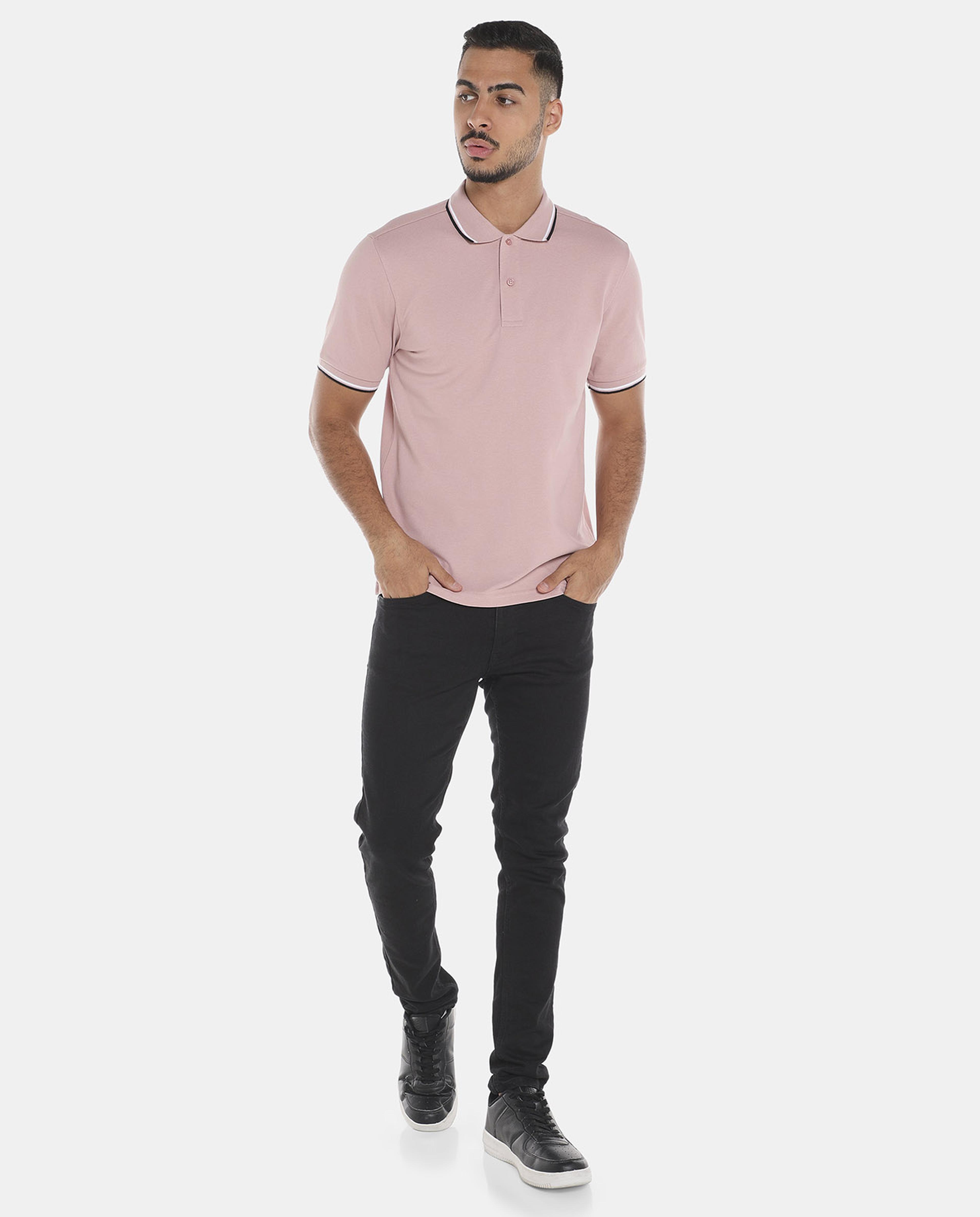 R&B Pink Polo T-shirt with Contrast Piping