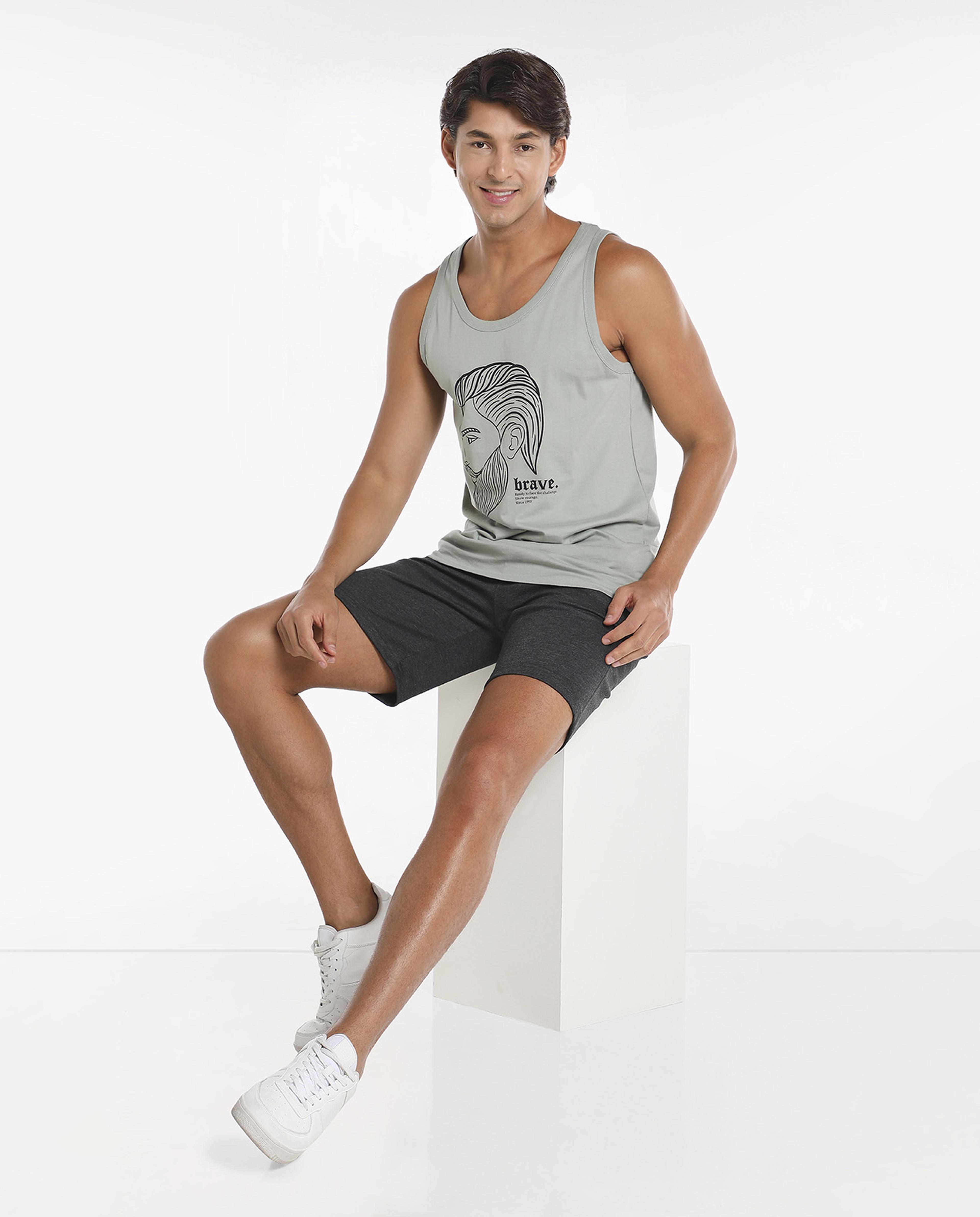Printed Sleeveless T-Shirt with Crew Neck