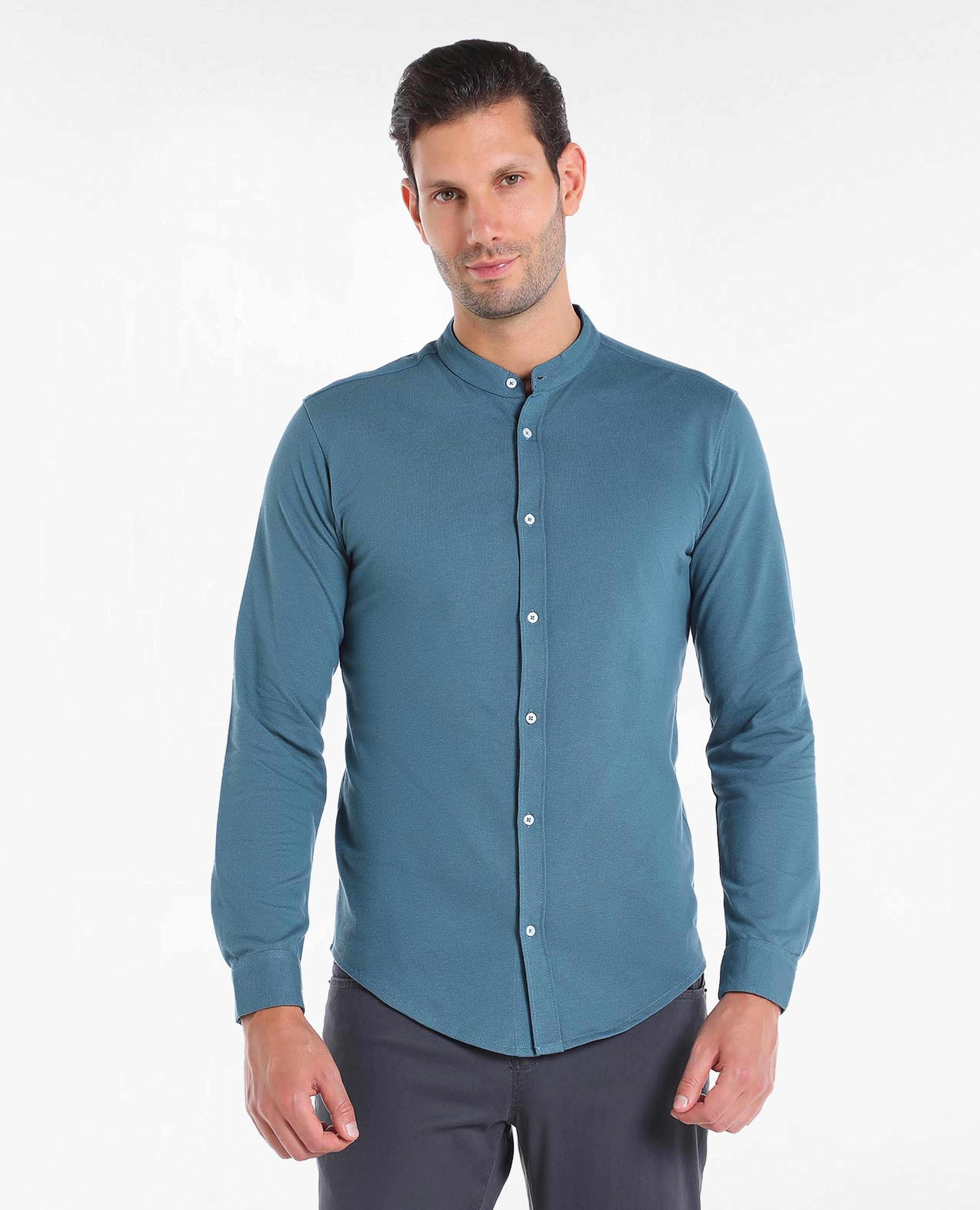 Solid Casual Shirt with Mandarin Collar and Long Sleeves