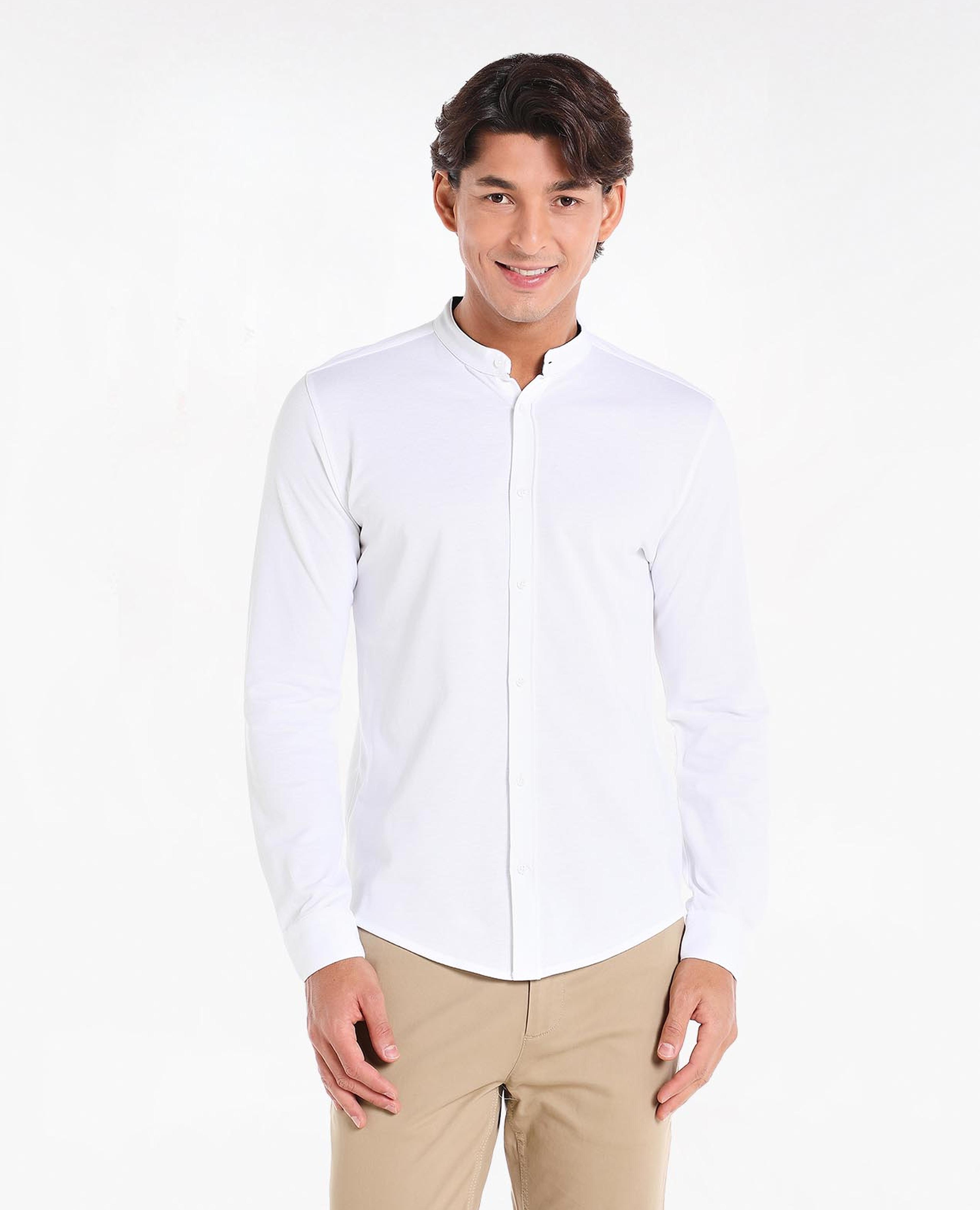 Solid Casual Shirt with Mandarin Collar and Long Sleeves