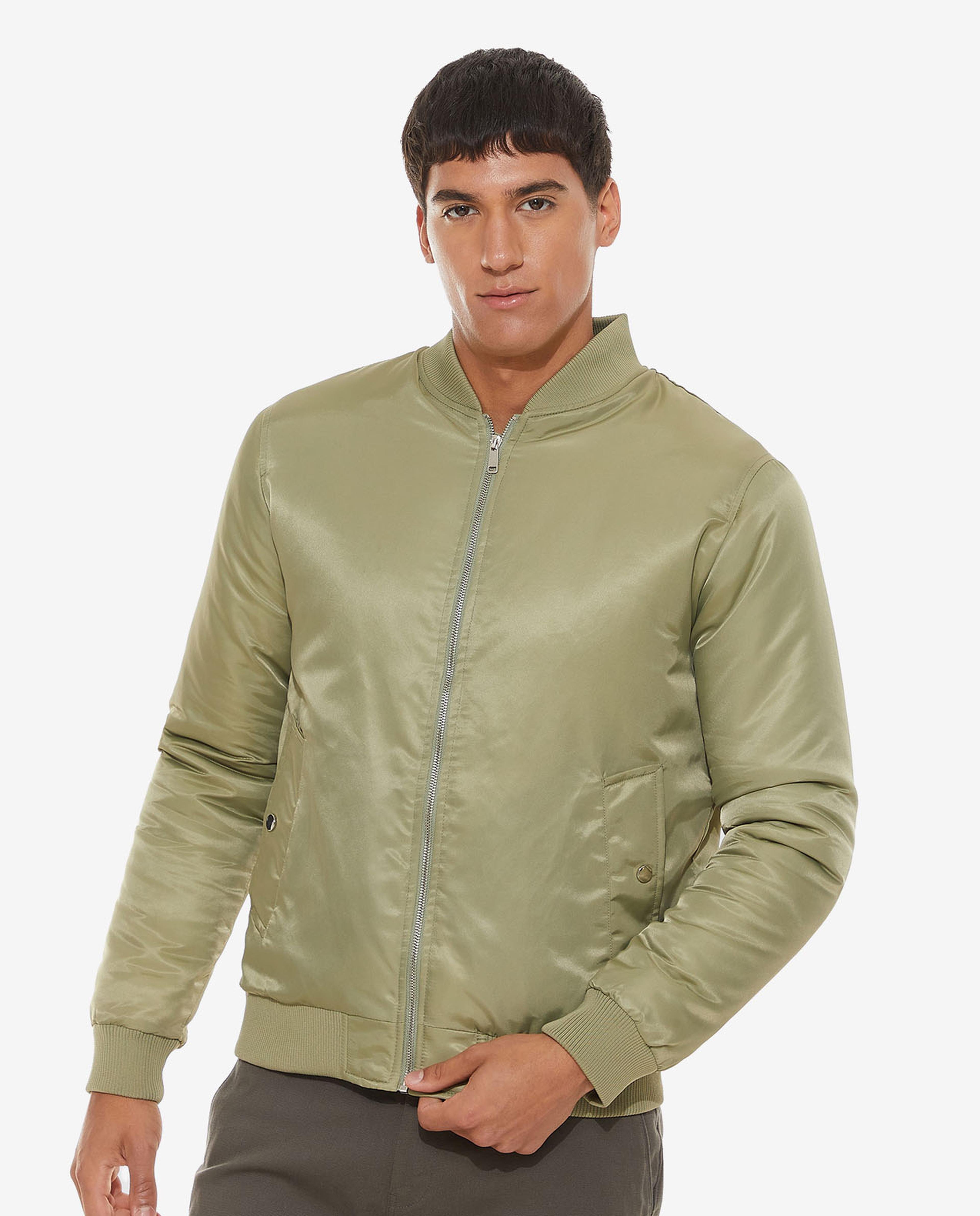 Solid Bomber Jacket with Zippered Closure