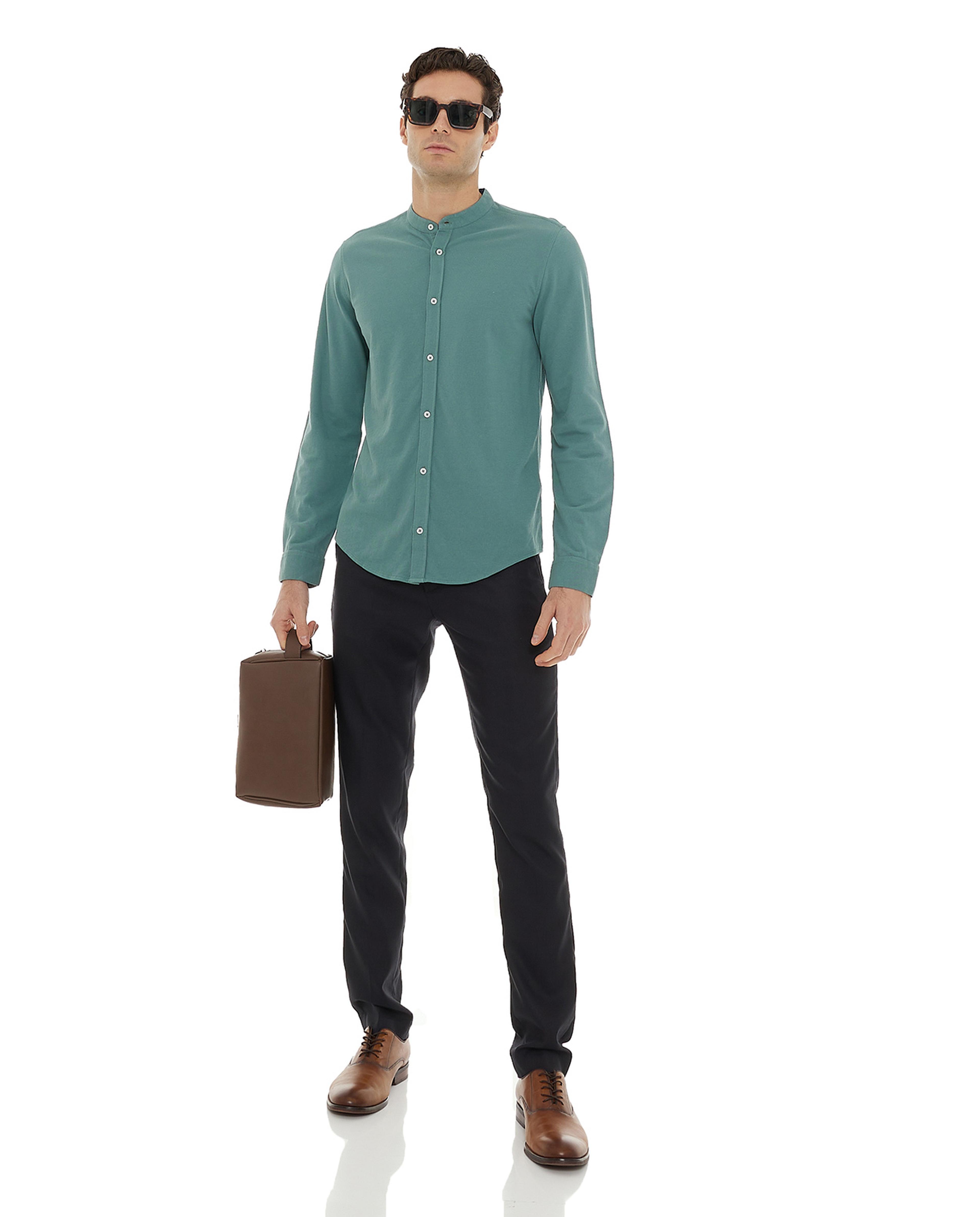 Solid Shirt with Mandarin Collar and Long Sleeves