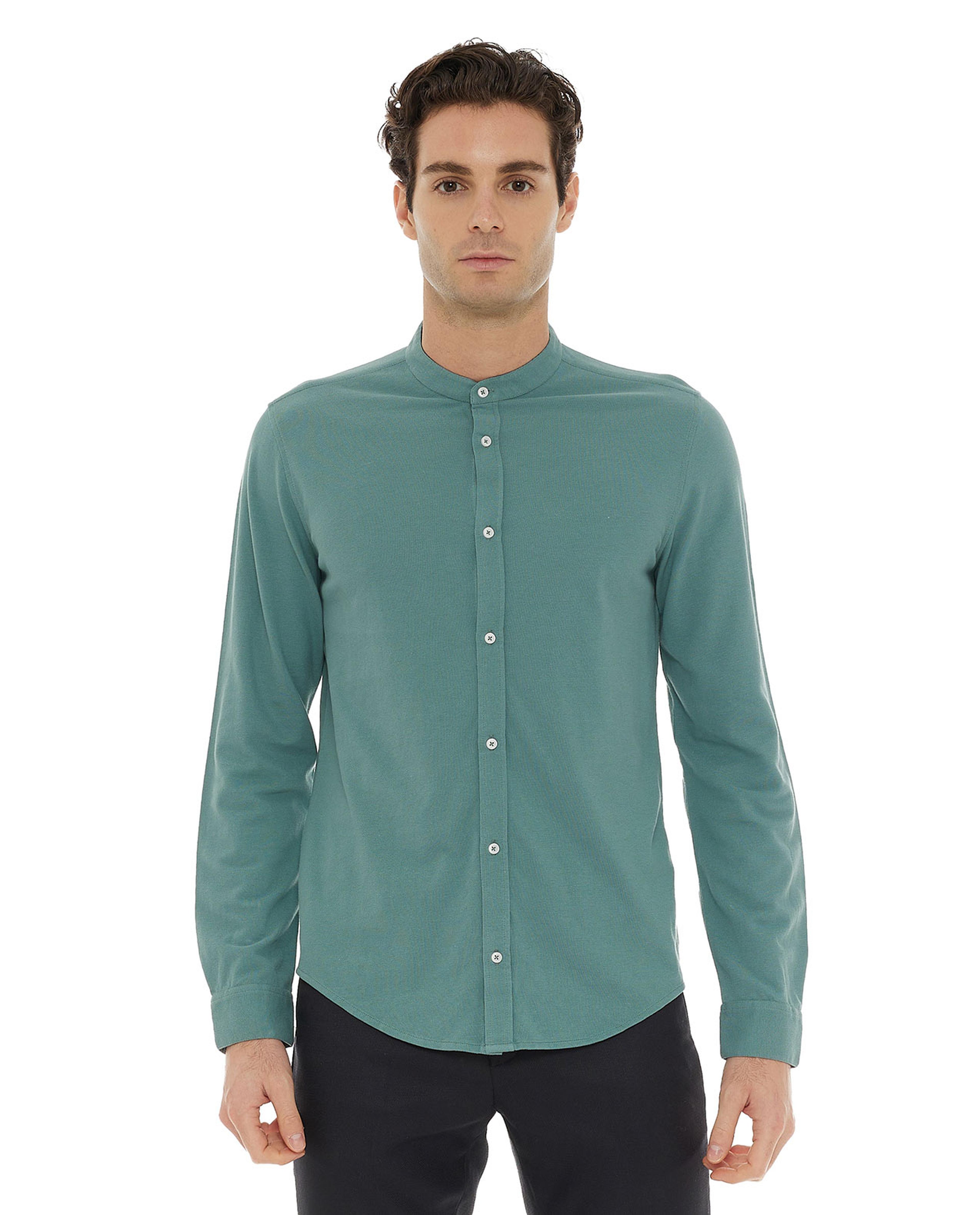 Solid Shirt with Mandarin Collar and Long Sleeves