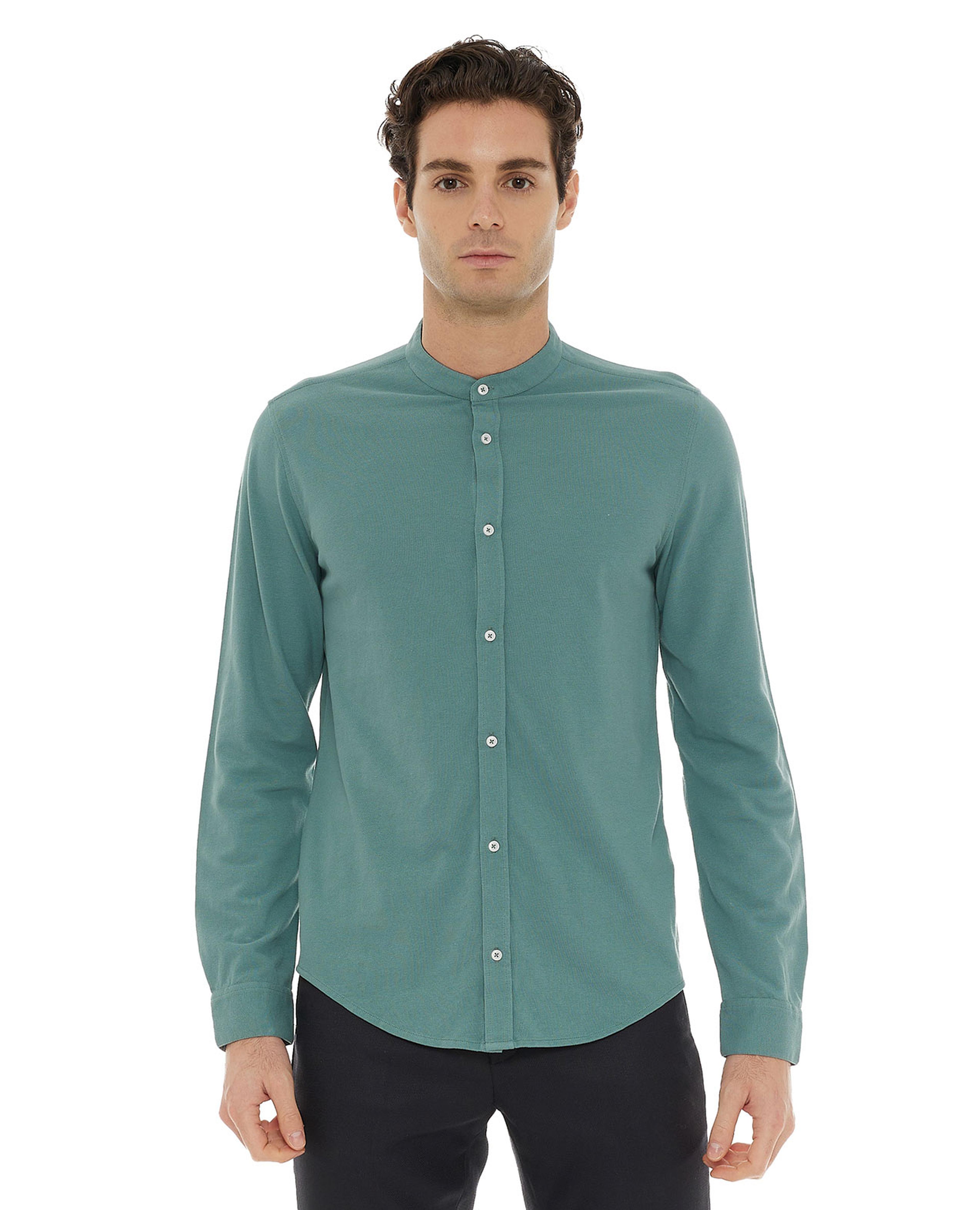 Solid Shirt with Mandarin Collar and Long Sleeves