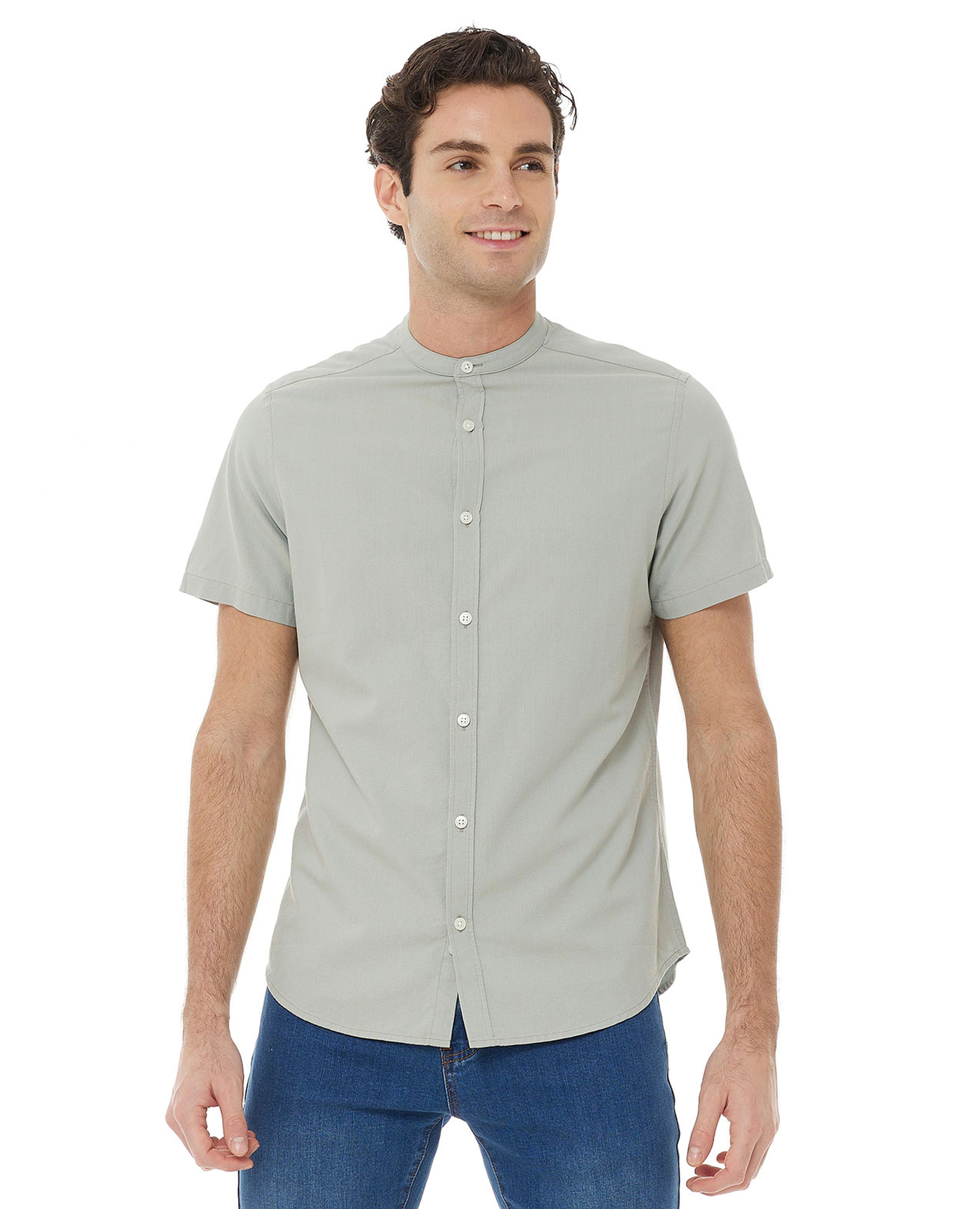 Solid Shirt with Mandarin Collar and Short Sleeves