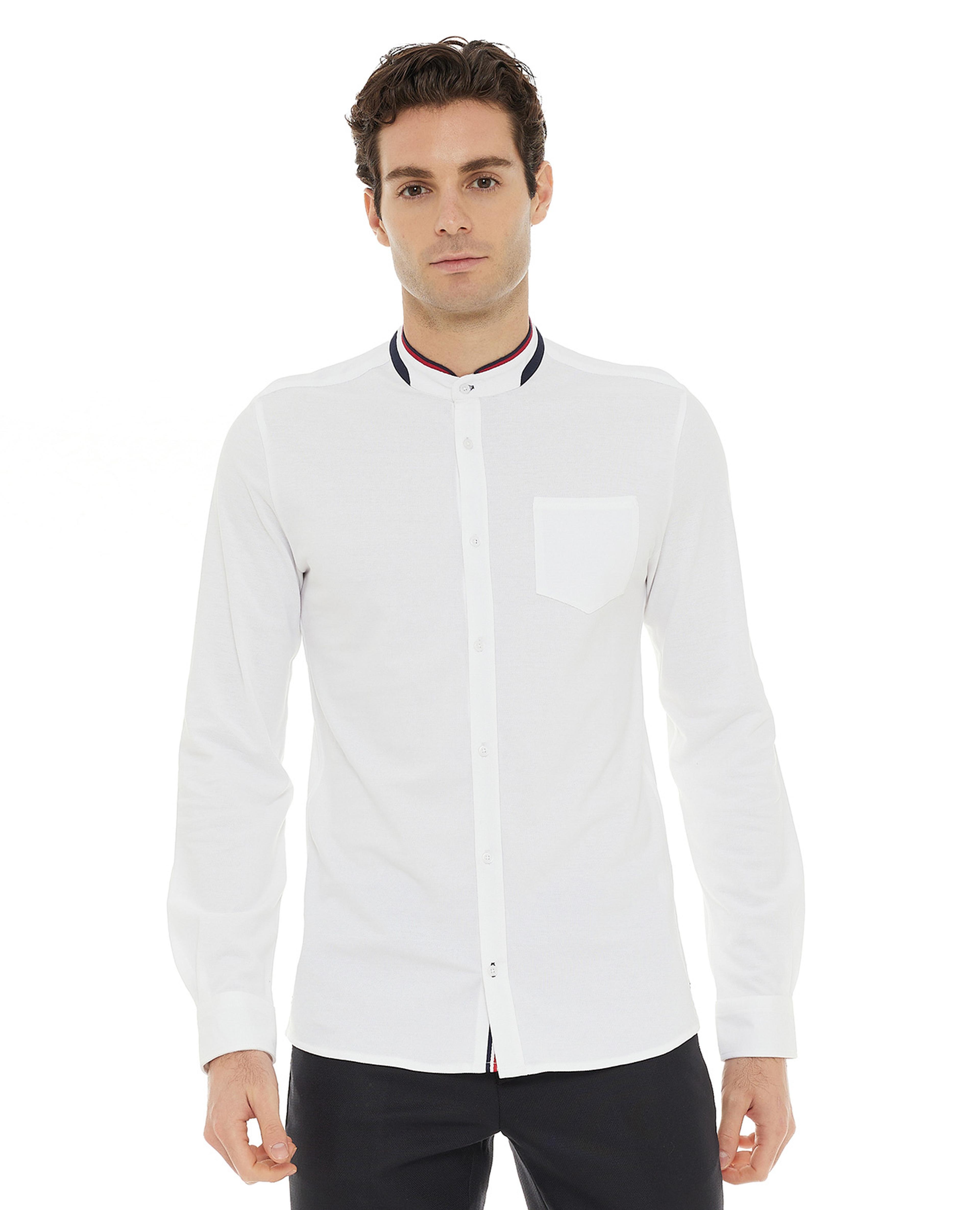 Solid Shirt with Mandarin Collar and Long Sleeves