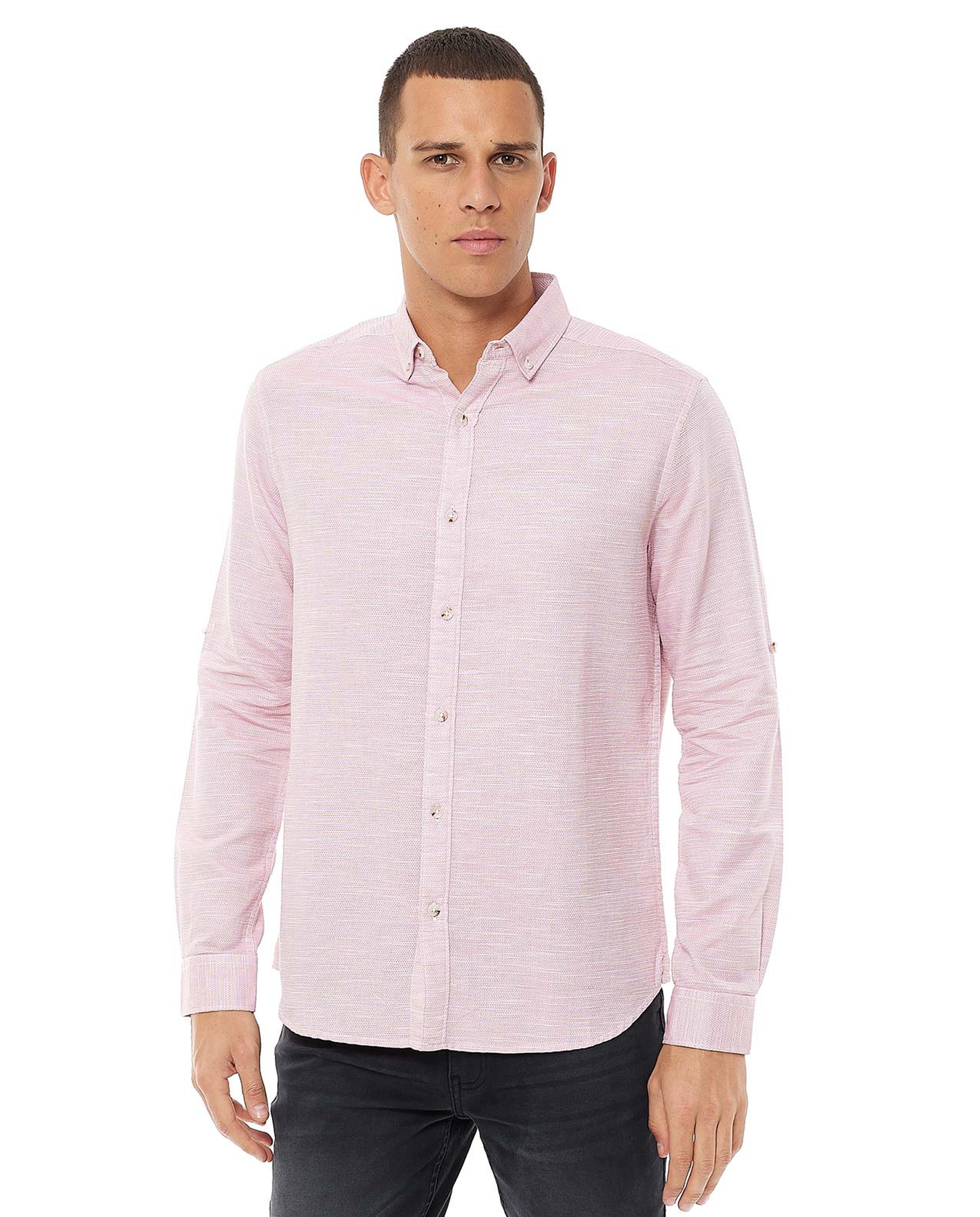 Solid Shirt with Button-Down Collar and Long Sleeves