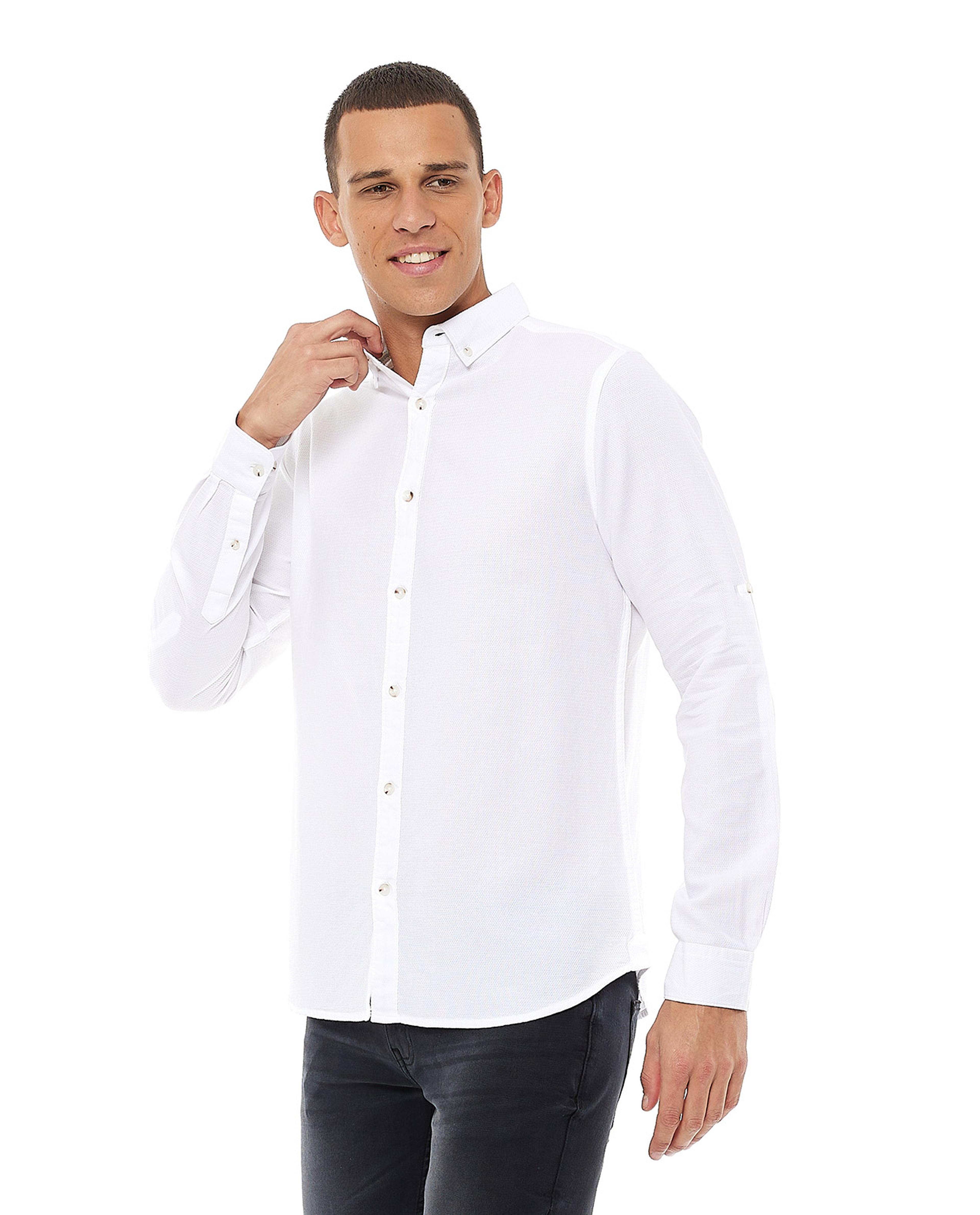 Solid Shirt with Button-Down Collar and Long Sleeves