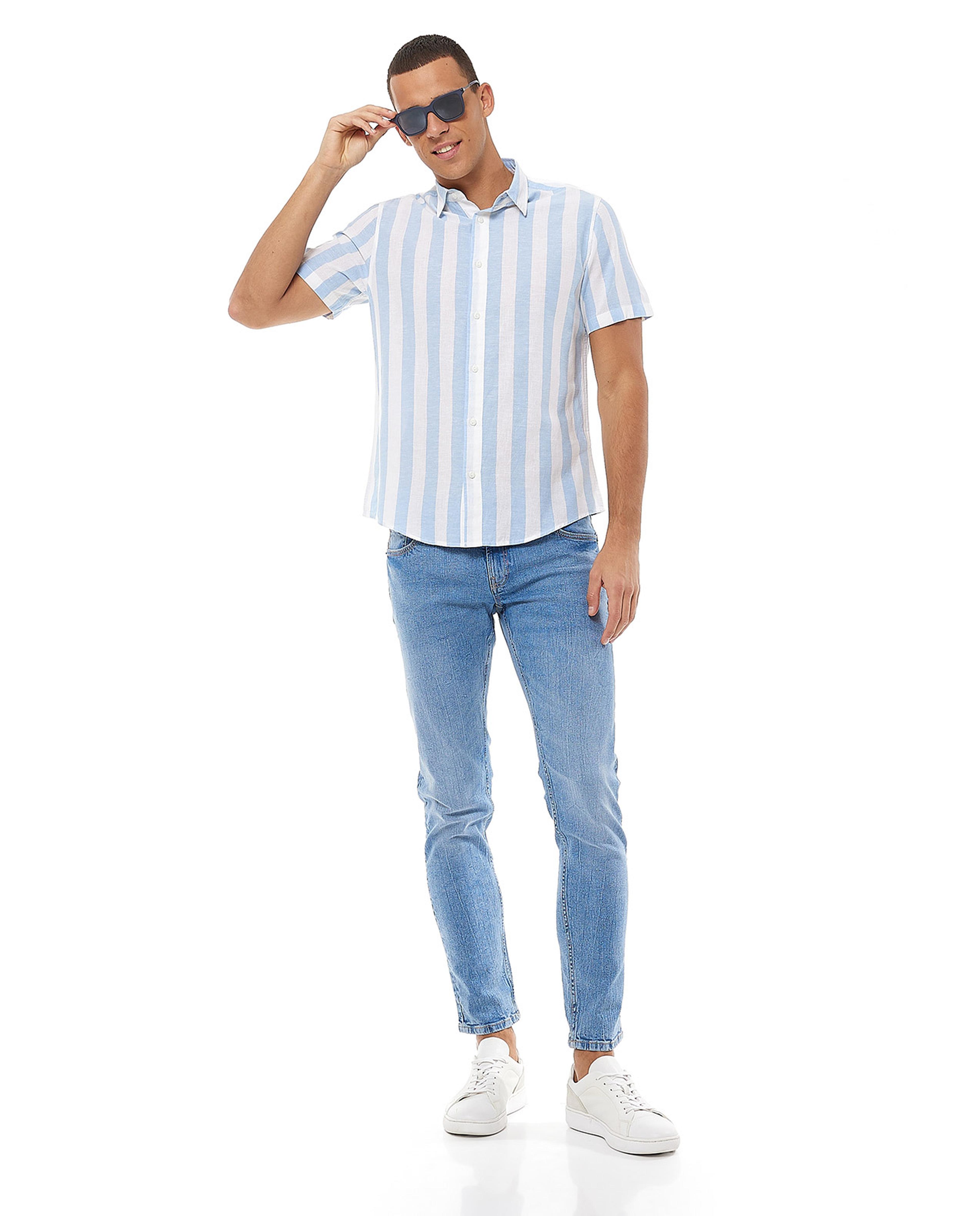 Striped Shirt with Classic Collar and Short Sleeves