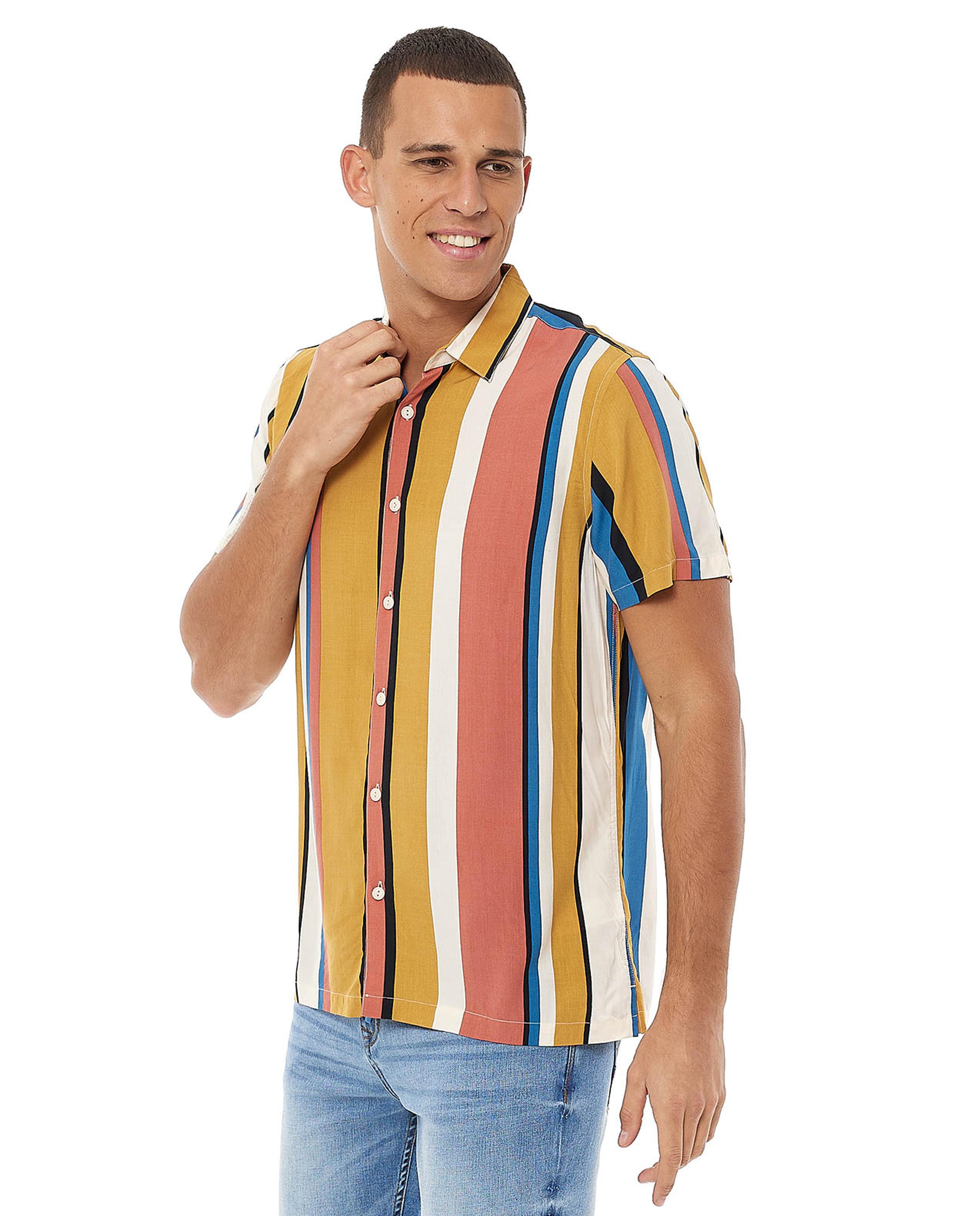 Color Block Shirt with Classic Collar and Short Sleeves