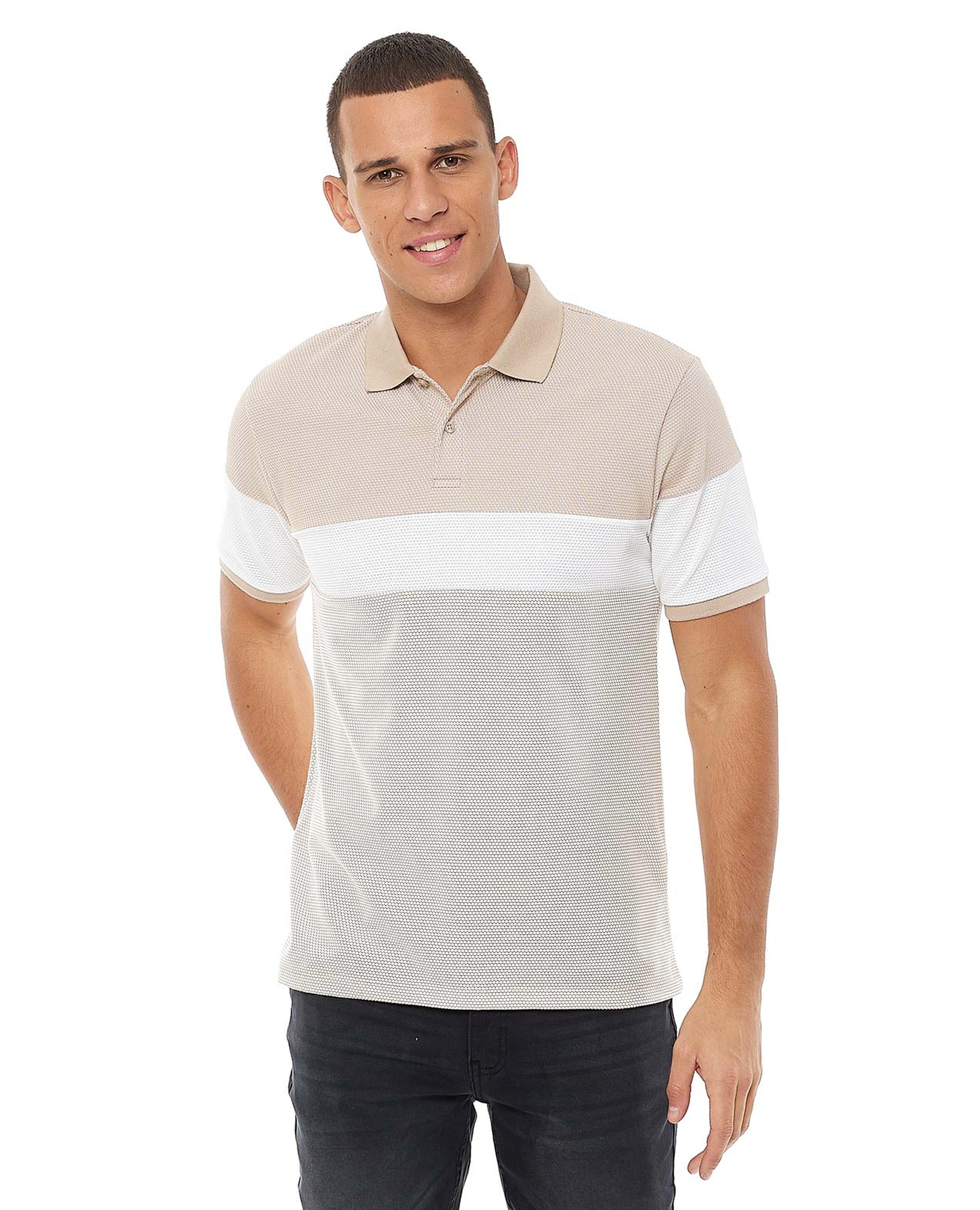 Color Block T-Shirt with Polo Collar and Short Sleeves