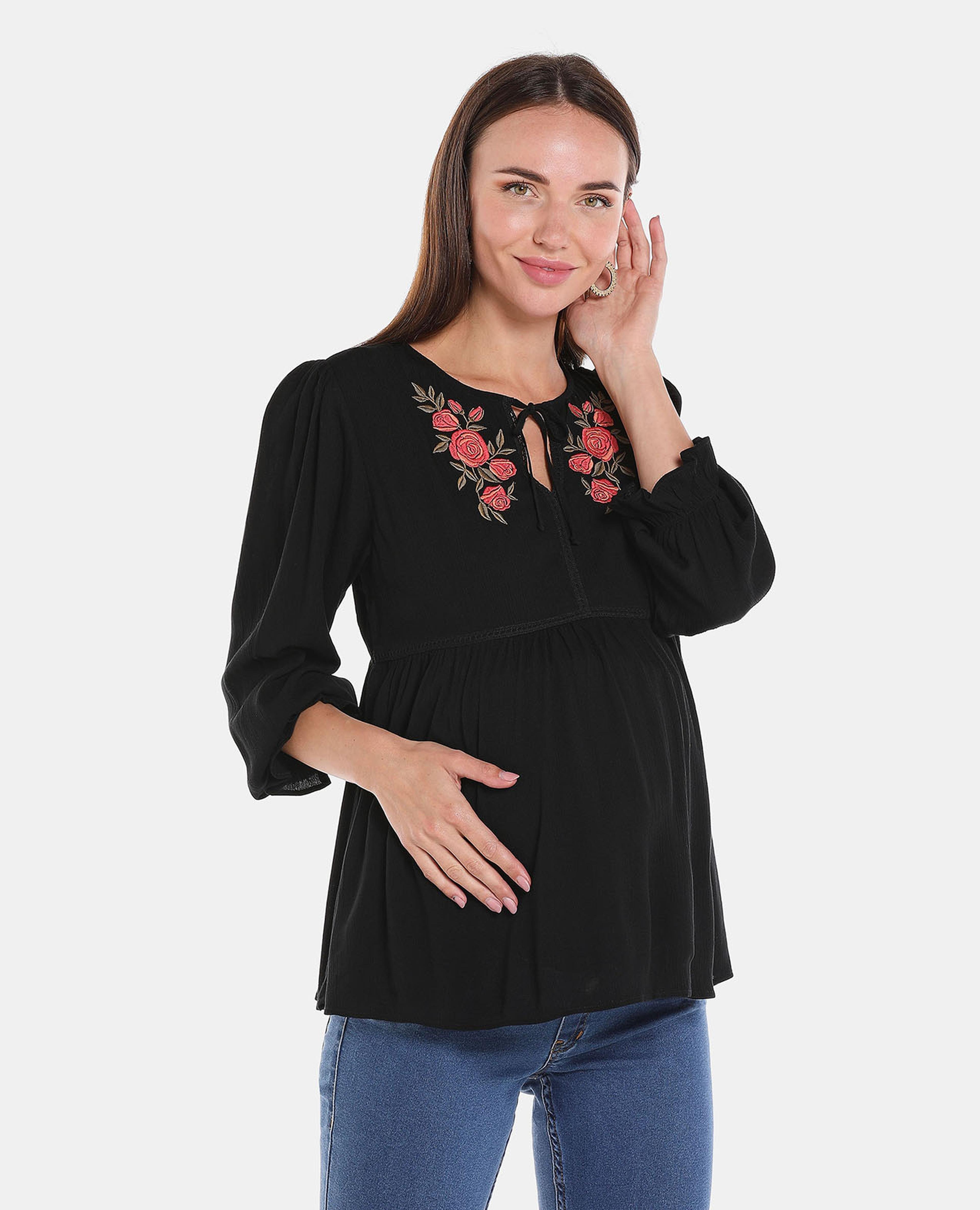 Black Embroidered Lantern Sleeve Maternity Top