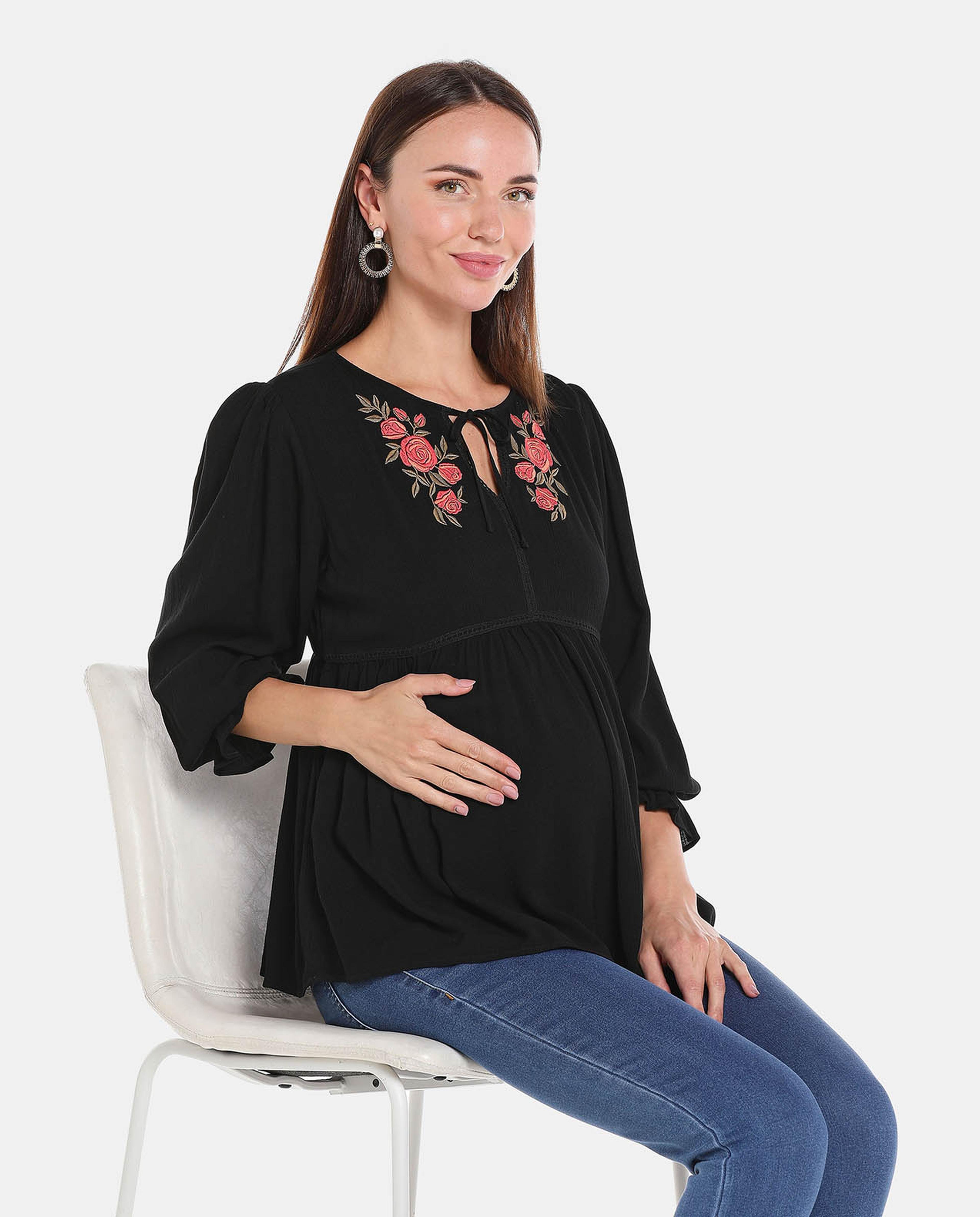 Black Embroidered Lantern Sleeve Maternity Top