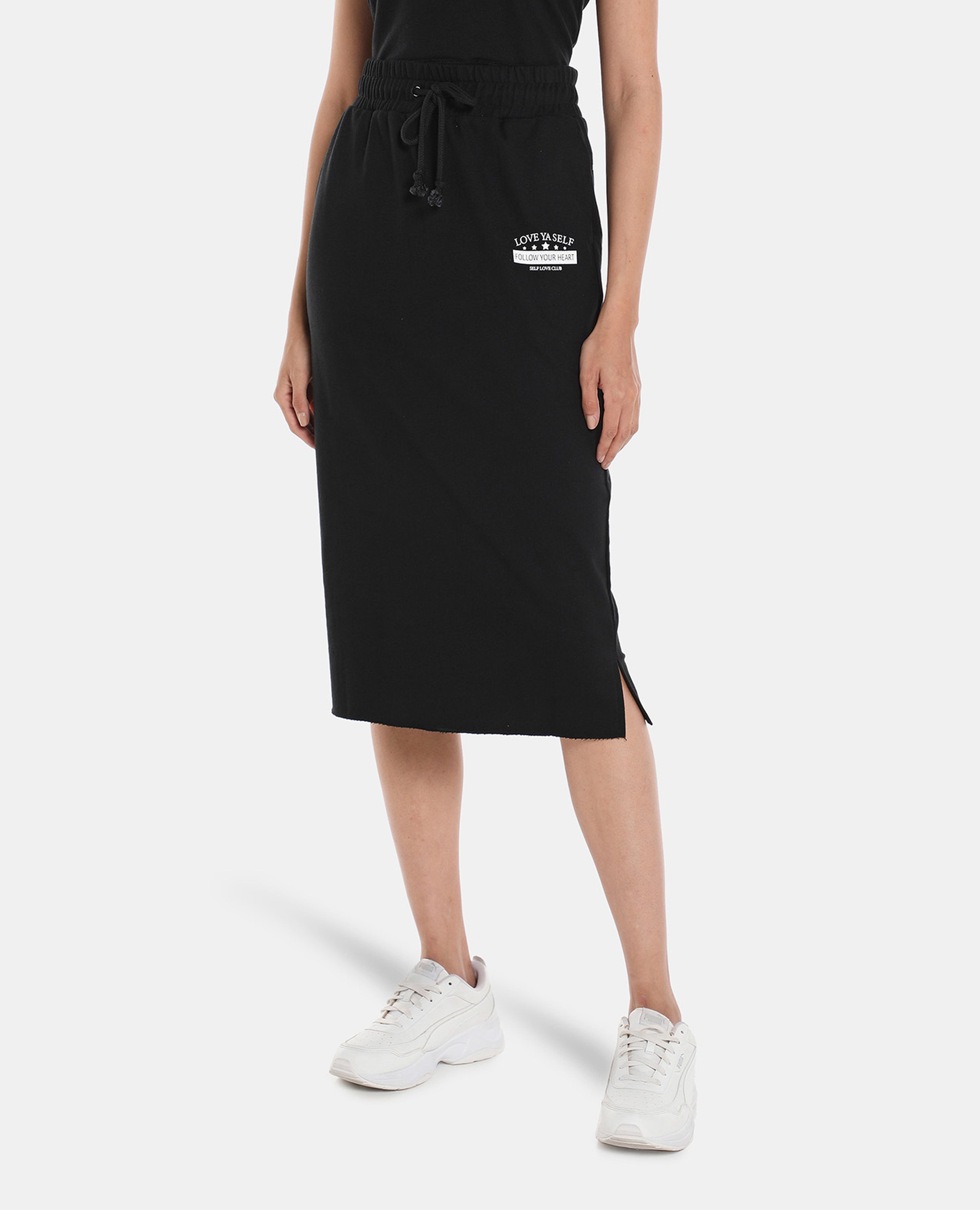 Black Printed Casual Knee Length Skirt