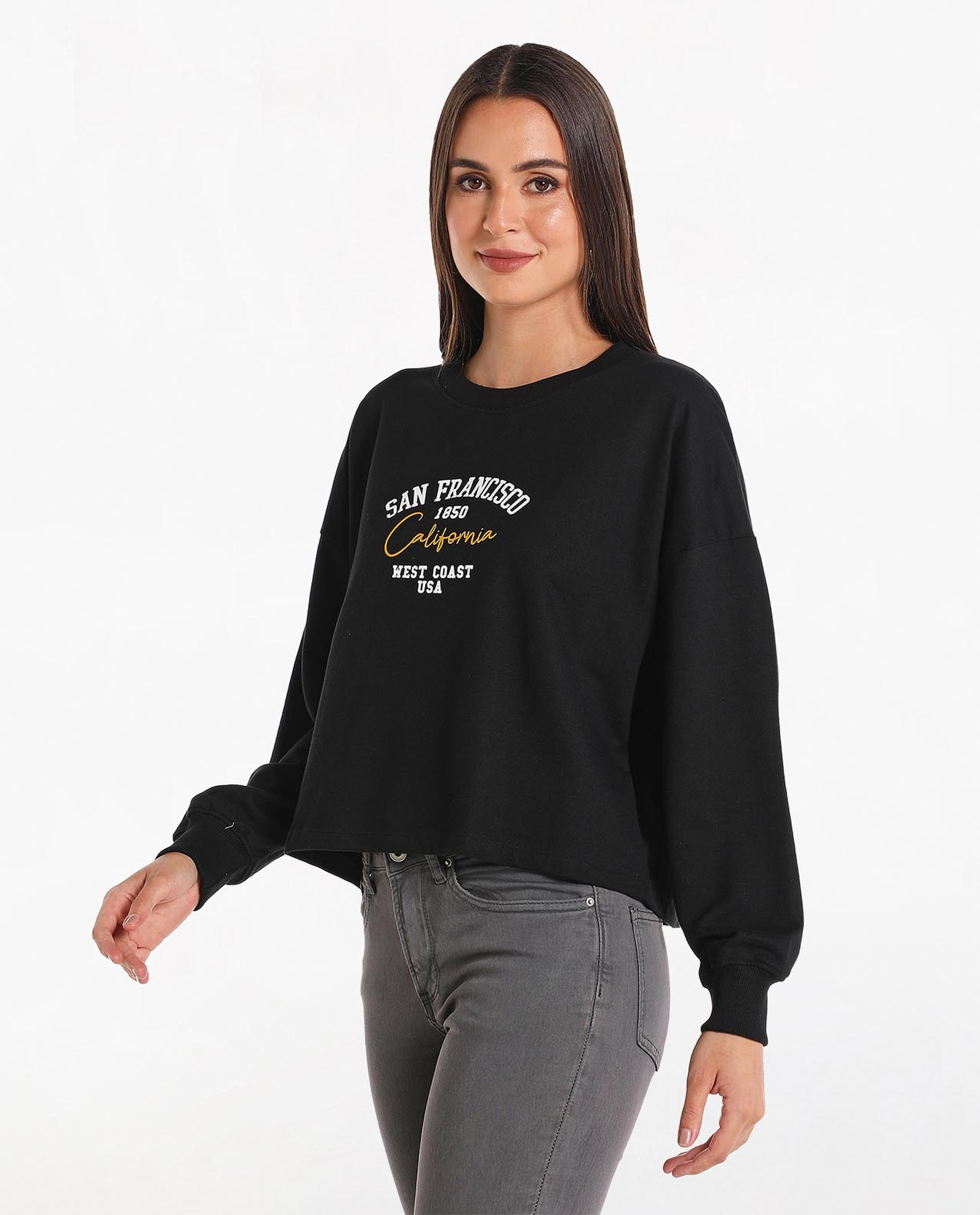 Printed Crop Sweat Top With Crew Neck And Short Sleeves