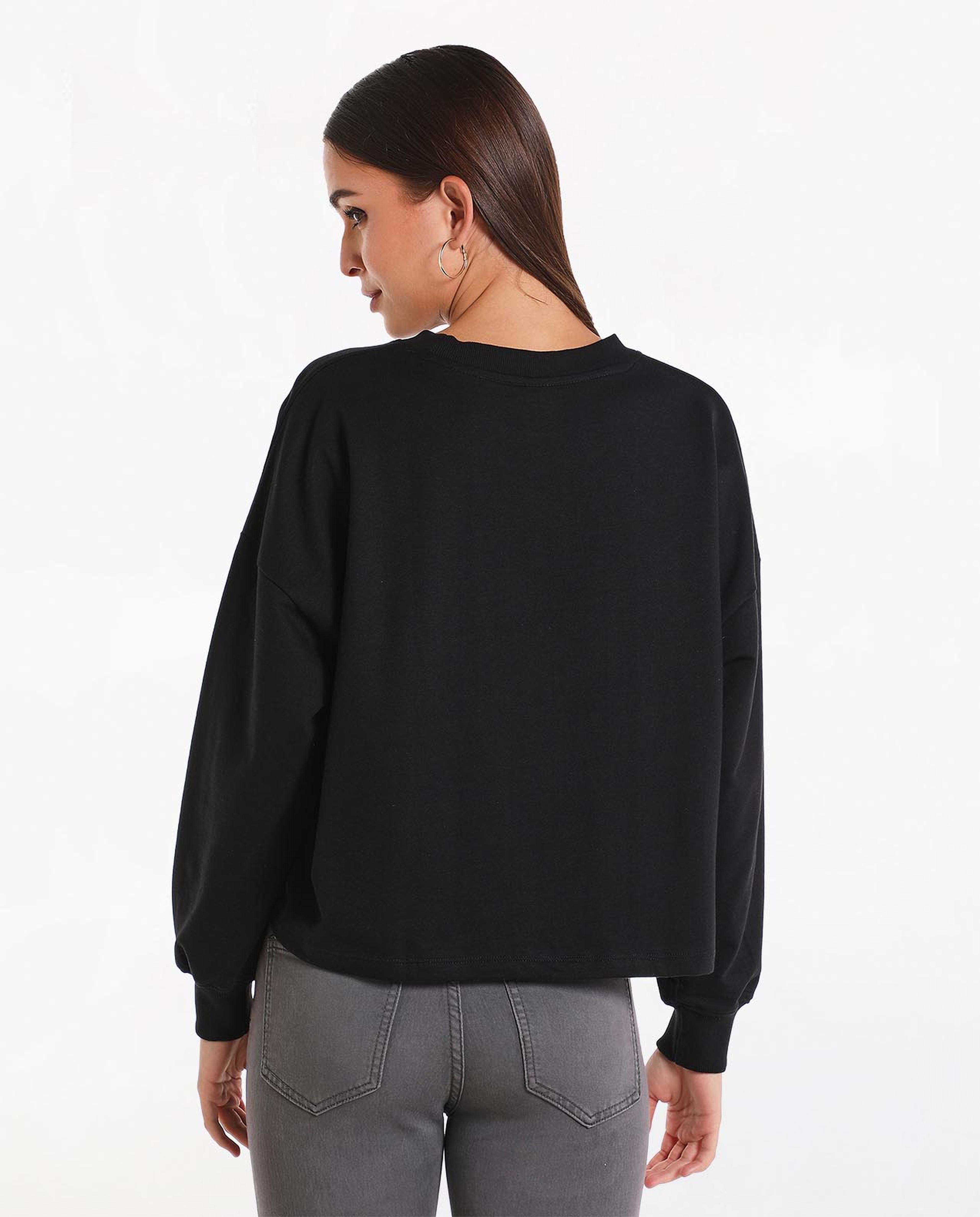 Printed Crop Sweat Top With Crew Neck And Short Sleeves