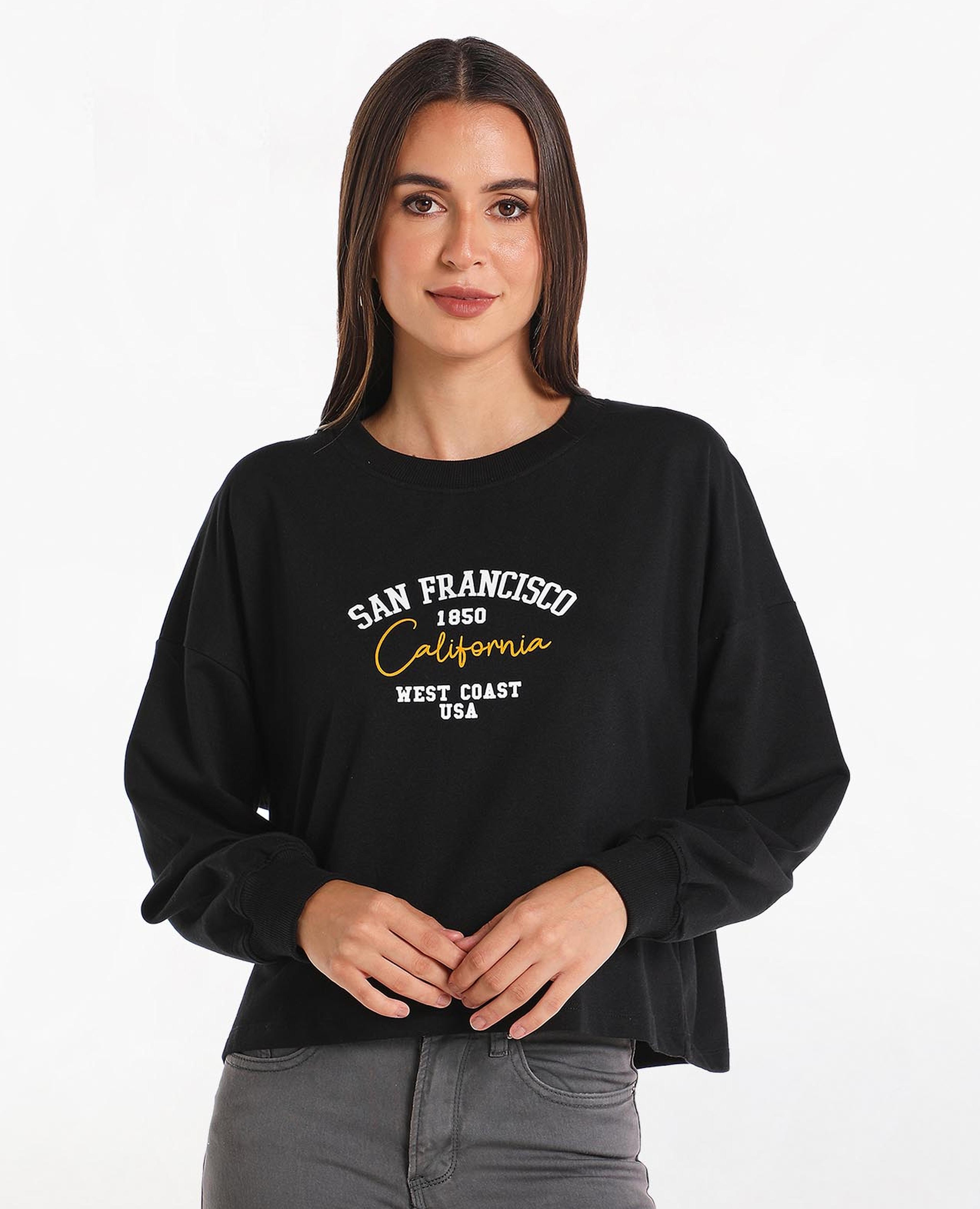 Printed Crop Sweat Top With Crew Neck And Short Sleeves