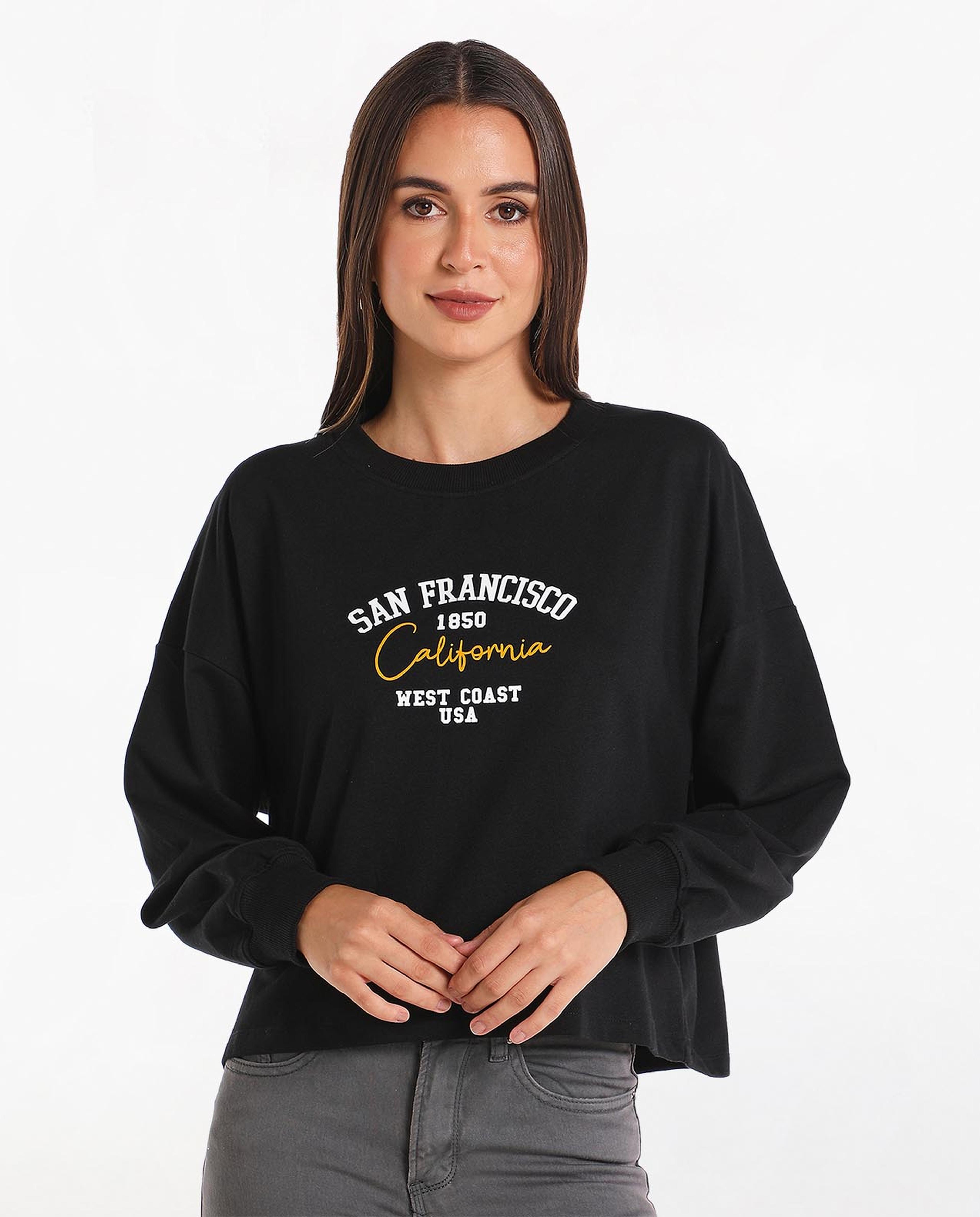 Printed Crop Sweat Top With Crew Neck And Short Sleeves