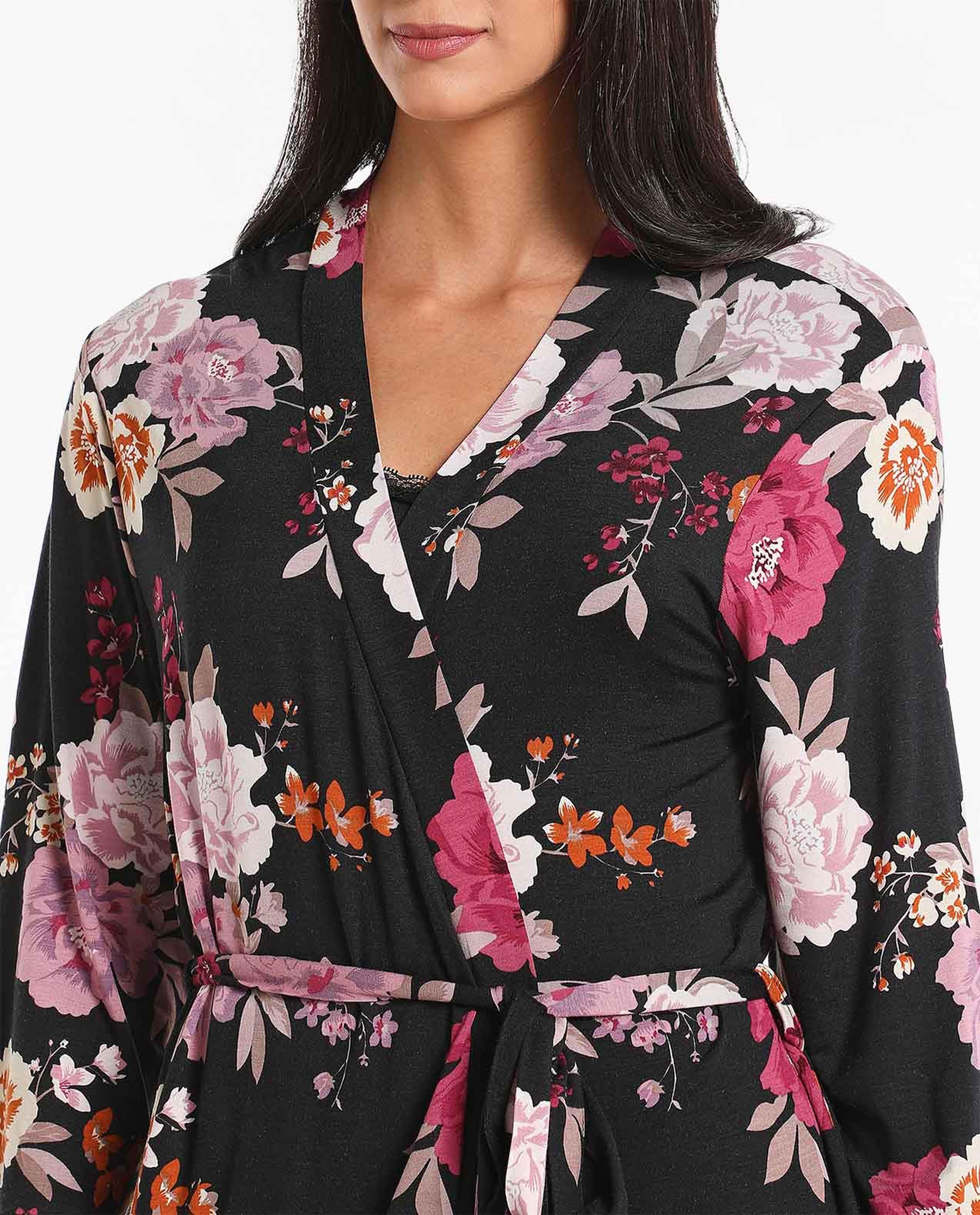 Printed Lace Trim Night Robe