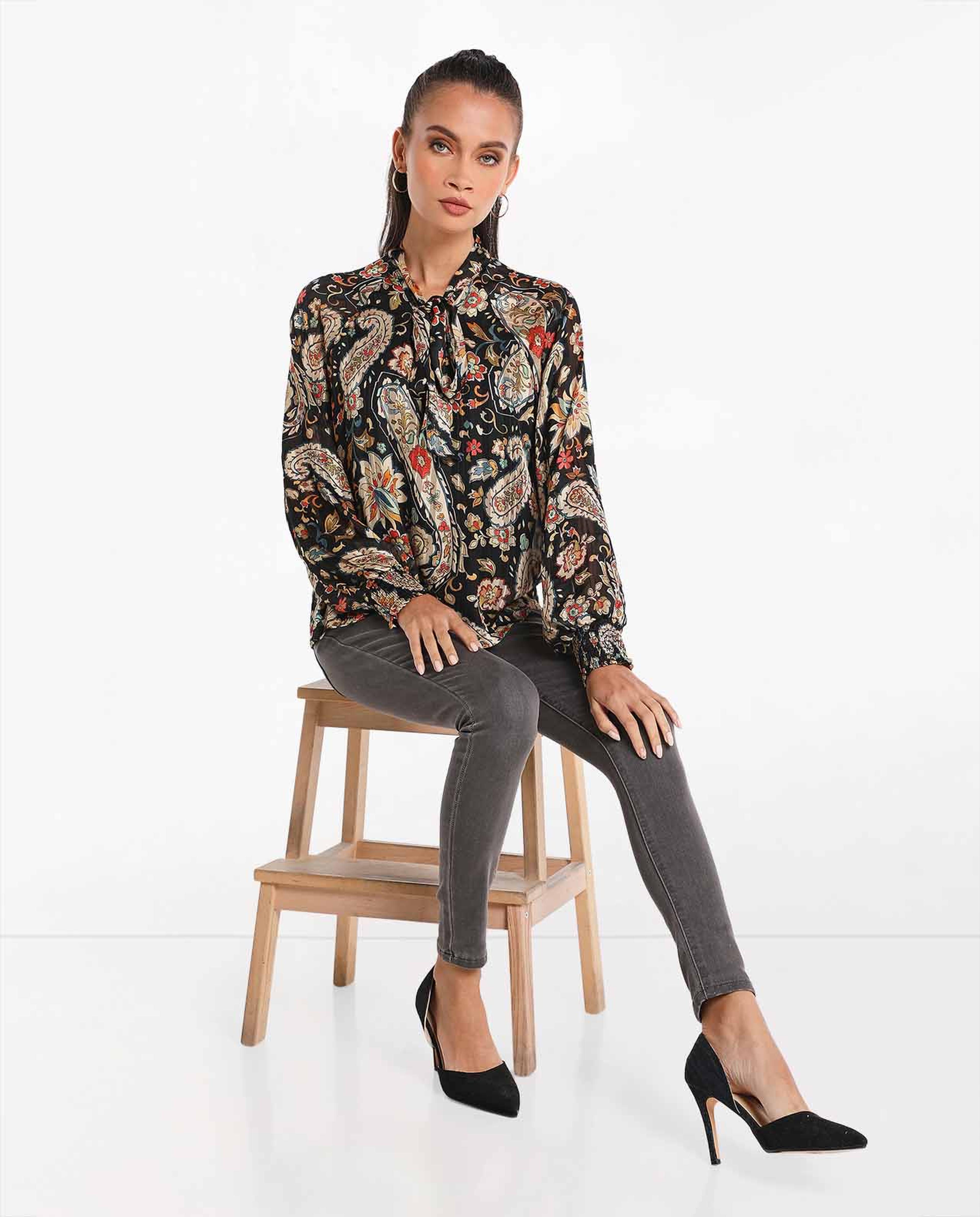 Semi Sheer Printed Tie Up Neck Top With Long Sleeves