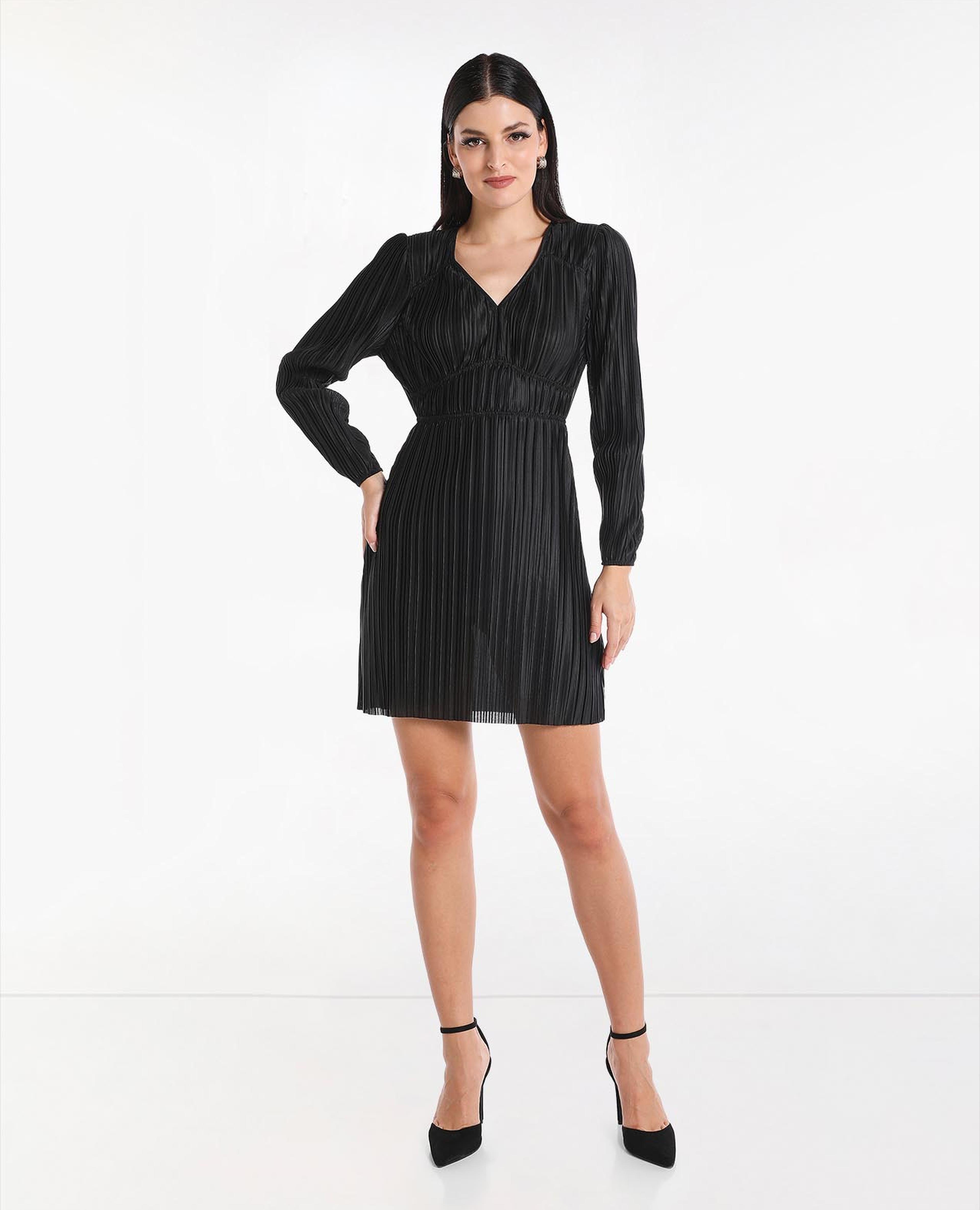 Accordian Pleated Mini Dress with V-Neck and Long Dress