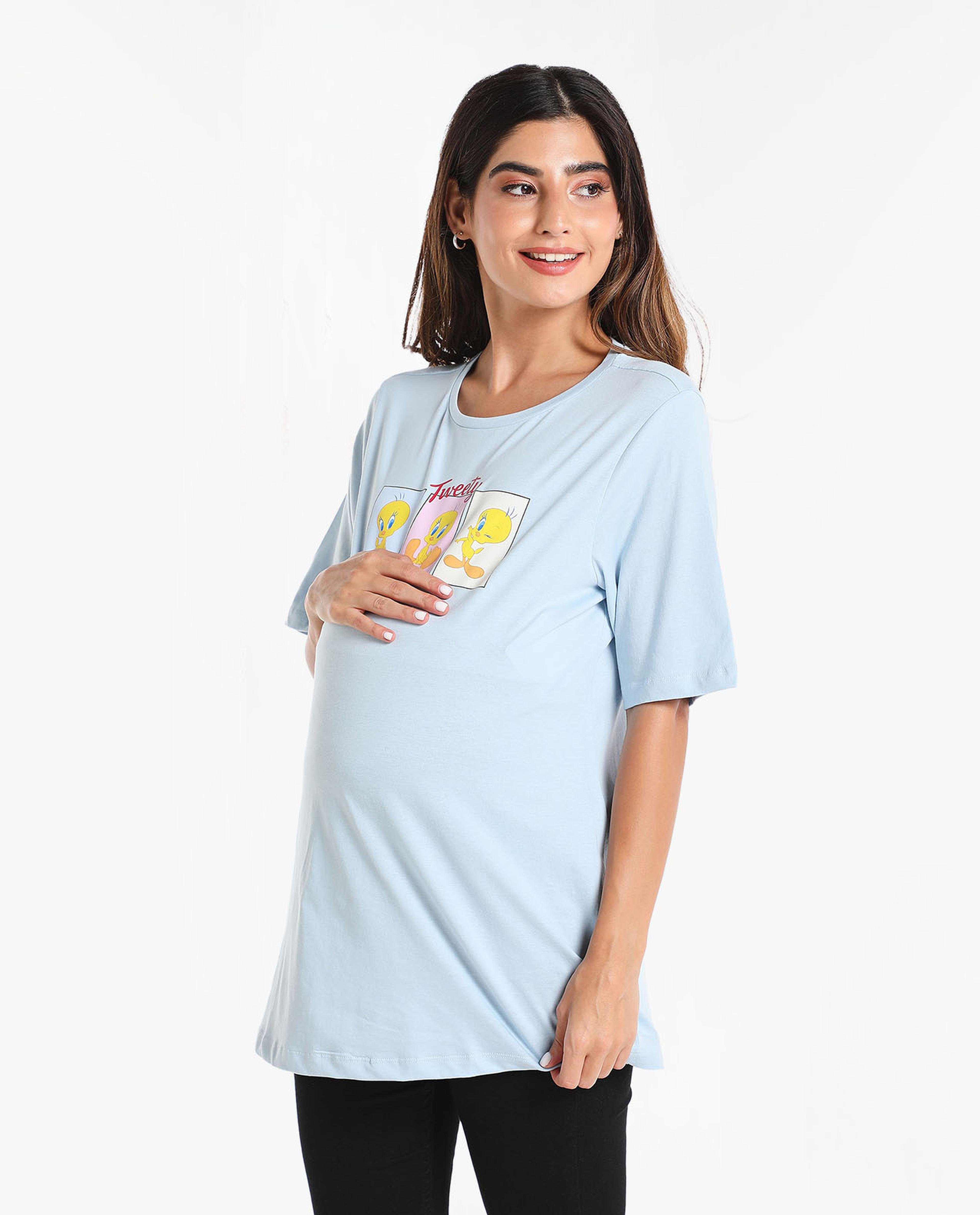 Printed Maternity Top with Round Neck and Short Sleeves