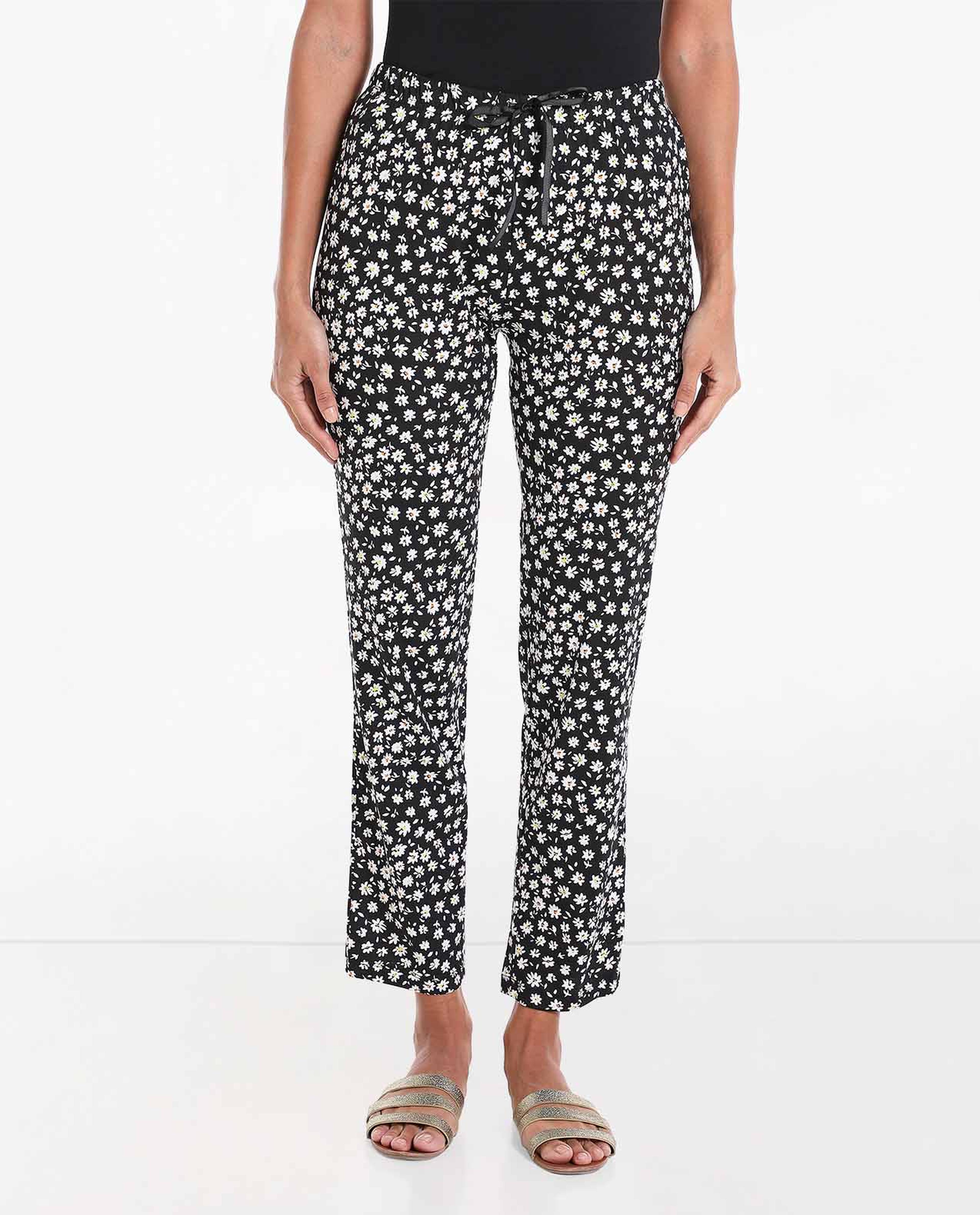 Floral Printed Mid-Rise Lounge Pants with Drawstring Closure