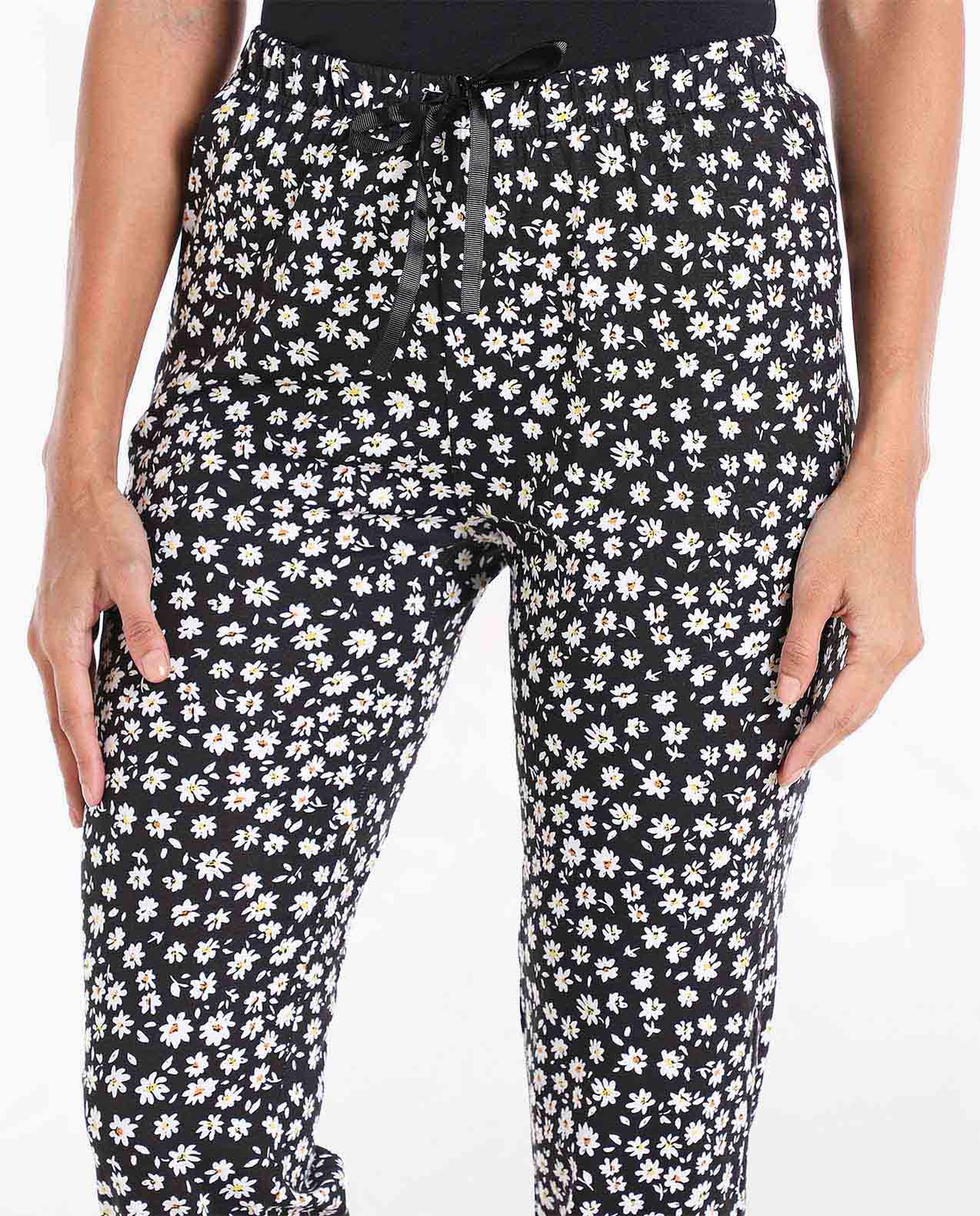 Floral Printed Mid-Rise Lounge Pants with Drawstring Closure