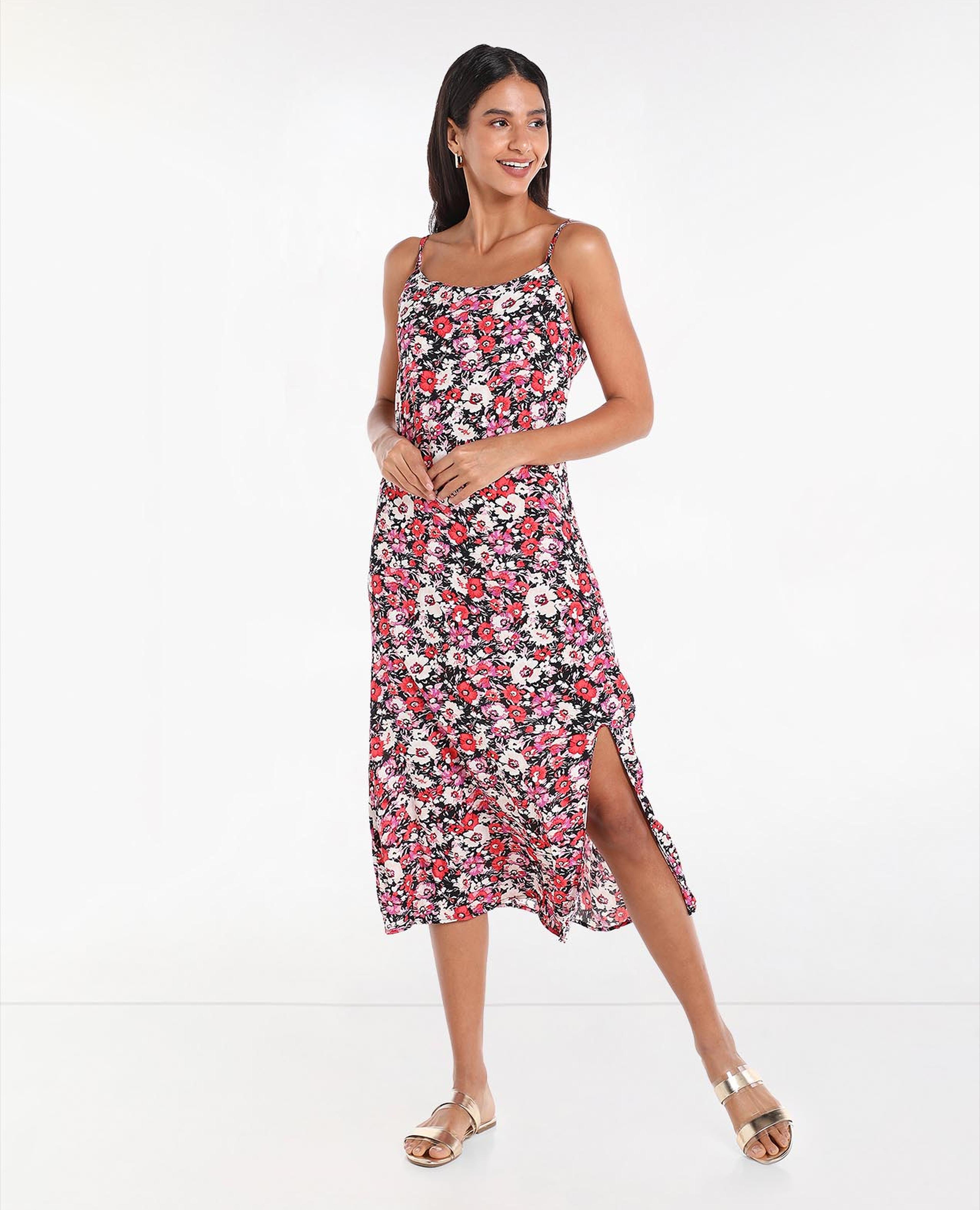 Floral Printed Midi Dress with Shoulder Straps