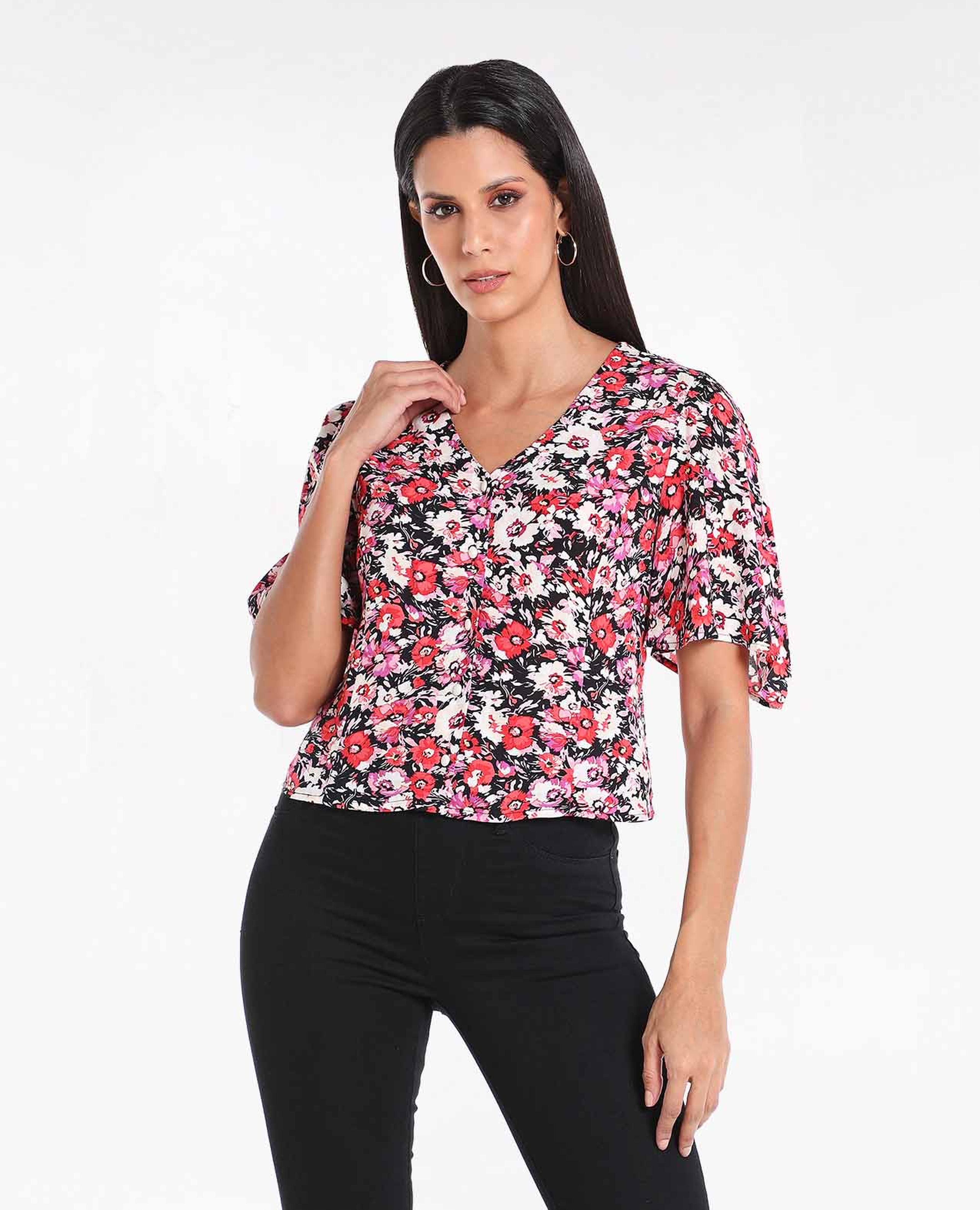Floral Printed Back Tie-Up Top with V-Neck and Flared Sleeves
