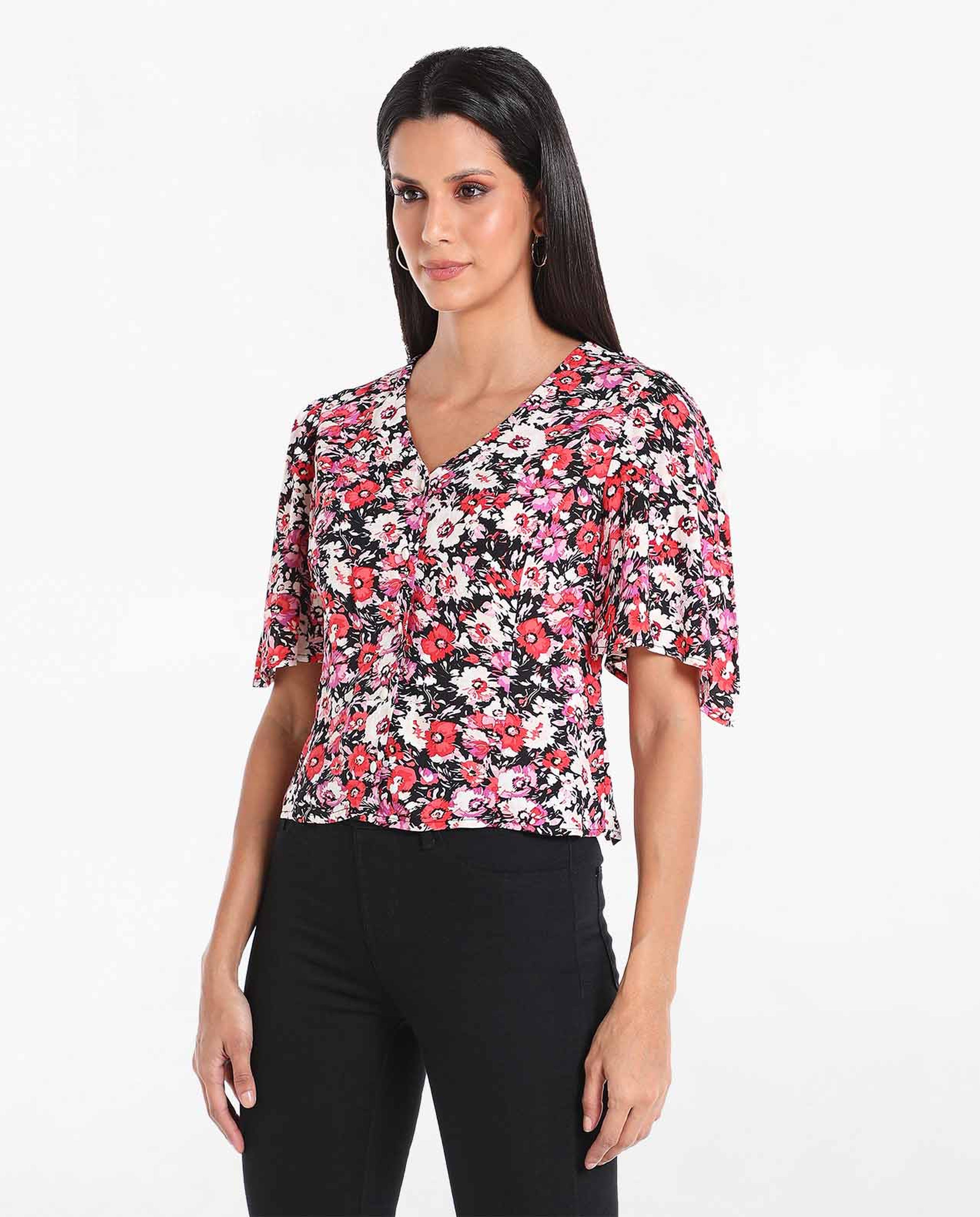 Floral Printed Back Tie-Up Top with V-Neck and Flared Sleeves