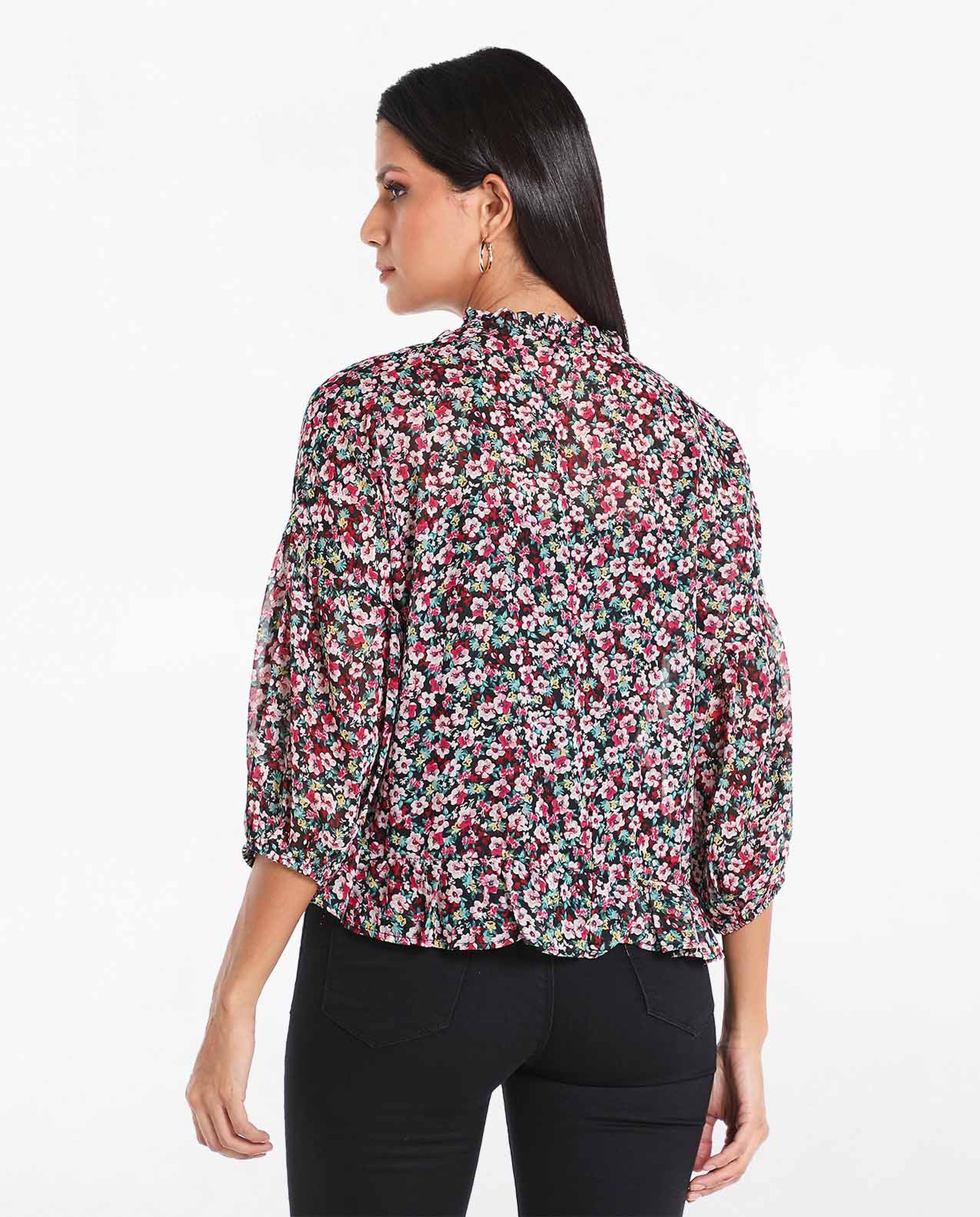 Floral Printed Top with Lettuce Neck and Cuffed Sleeves