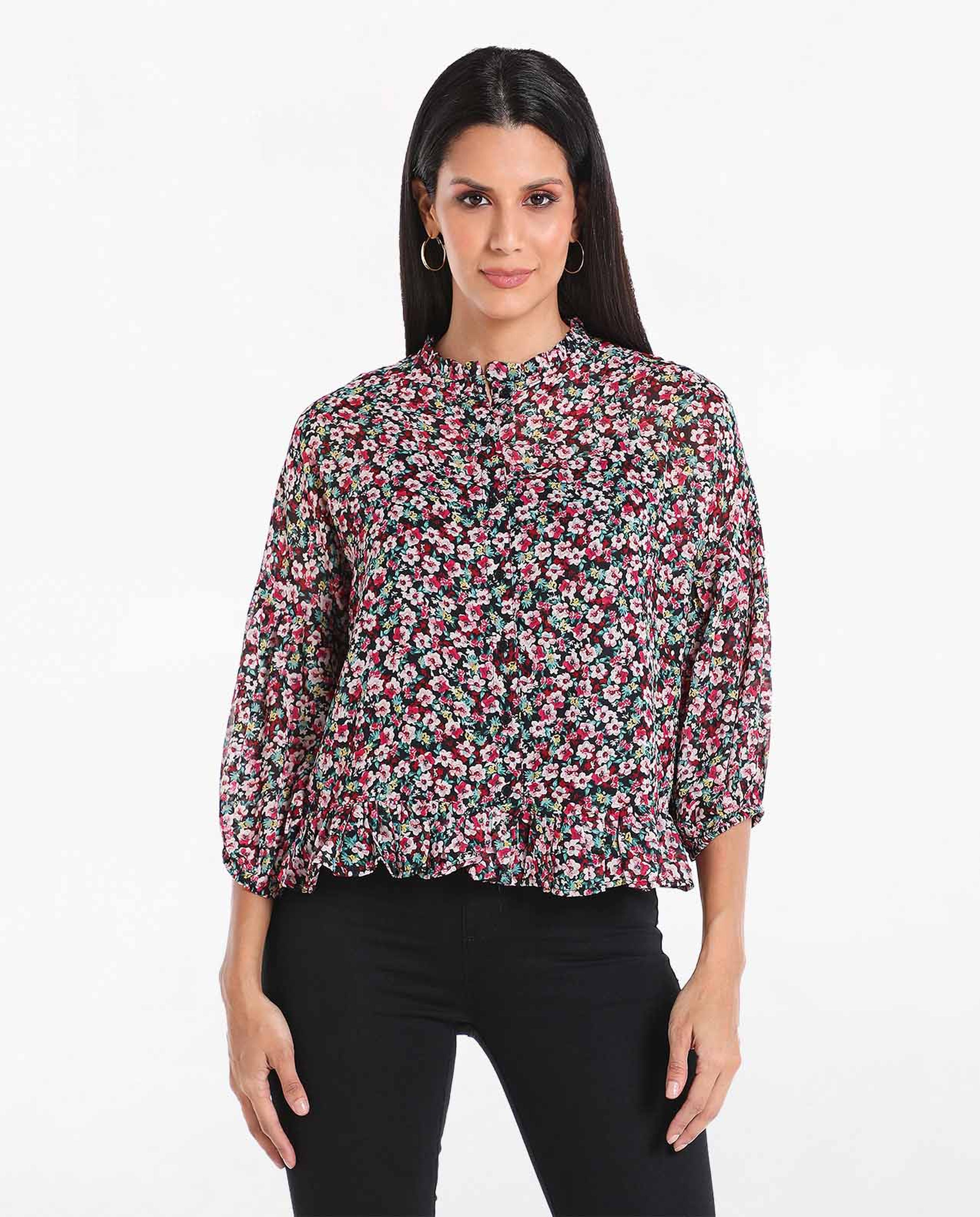 Floral Printed Top with Lettuce Neck and Cuffed Sleeves