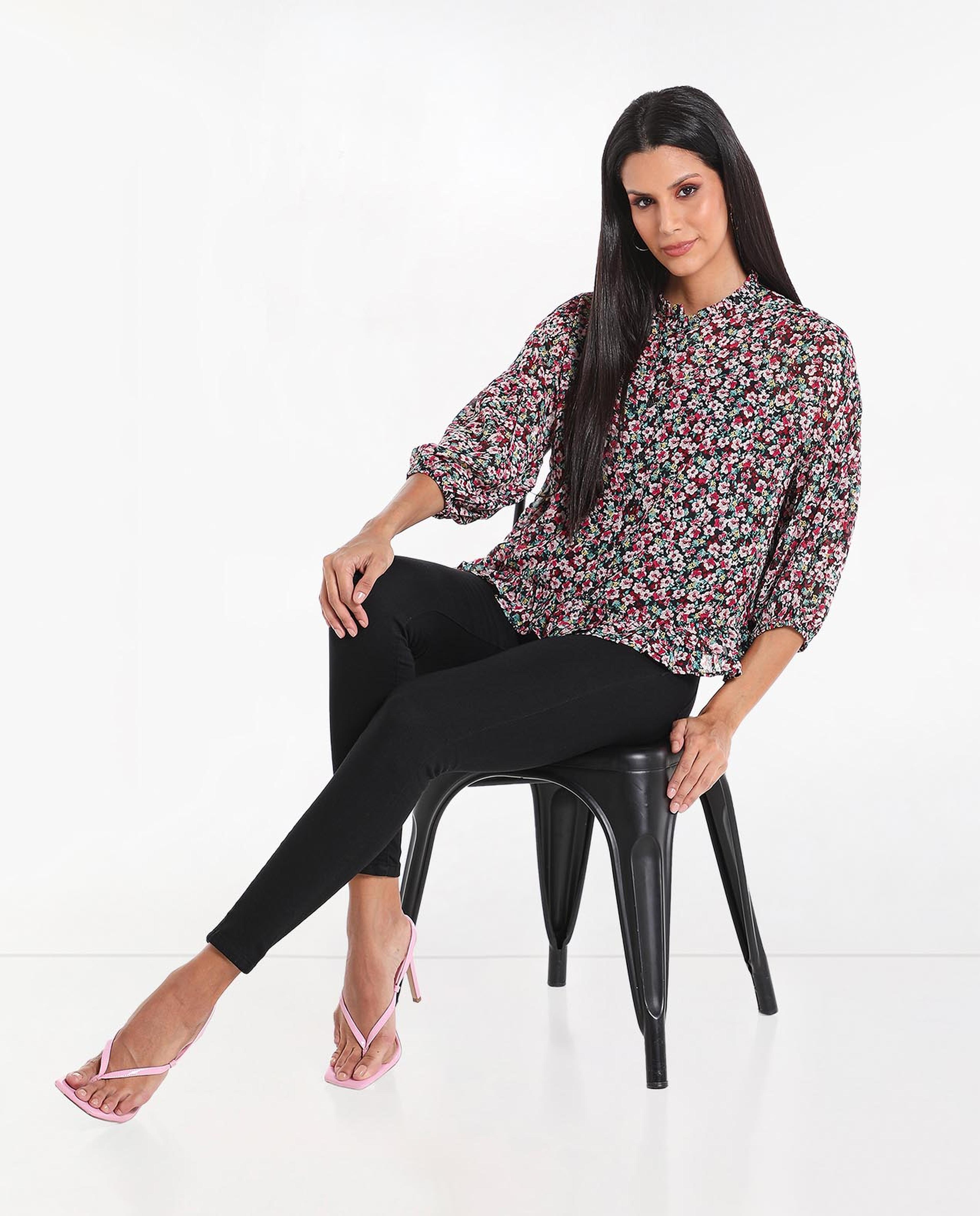 Floral Printed Top with Lettuce Neck and Cuffed Sleeves